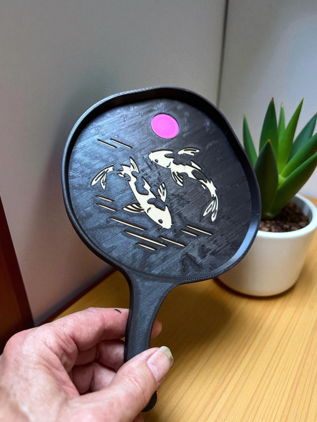 Japanese Lotus Leaf Koi Tray, Elegant Hand Paddle Tray, Zen Asian Home Decor, Black Gold Artisan Catchall, Peaceful Pond Design Gift