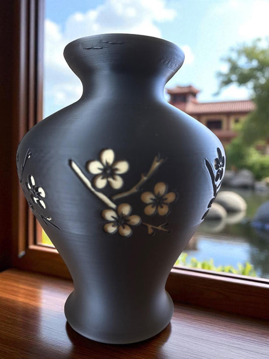 Elegant Cherry Blossom Vase: Engraved Japanese Floral Art Decor for Romantic Zen Home Ambiance