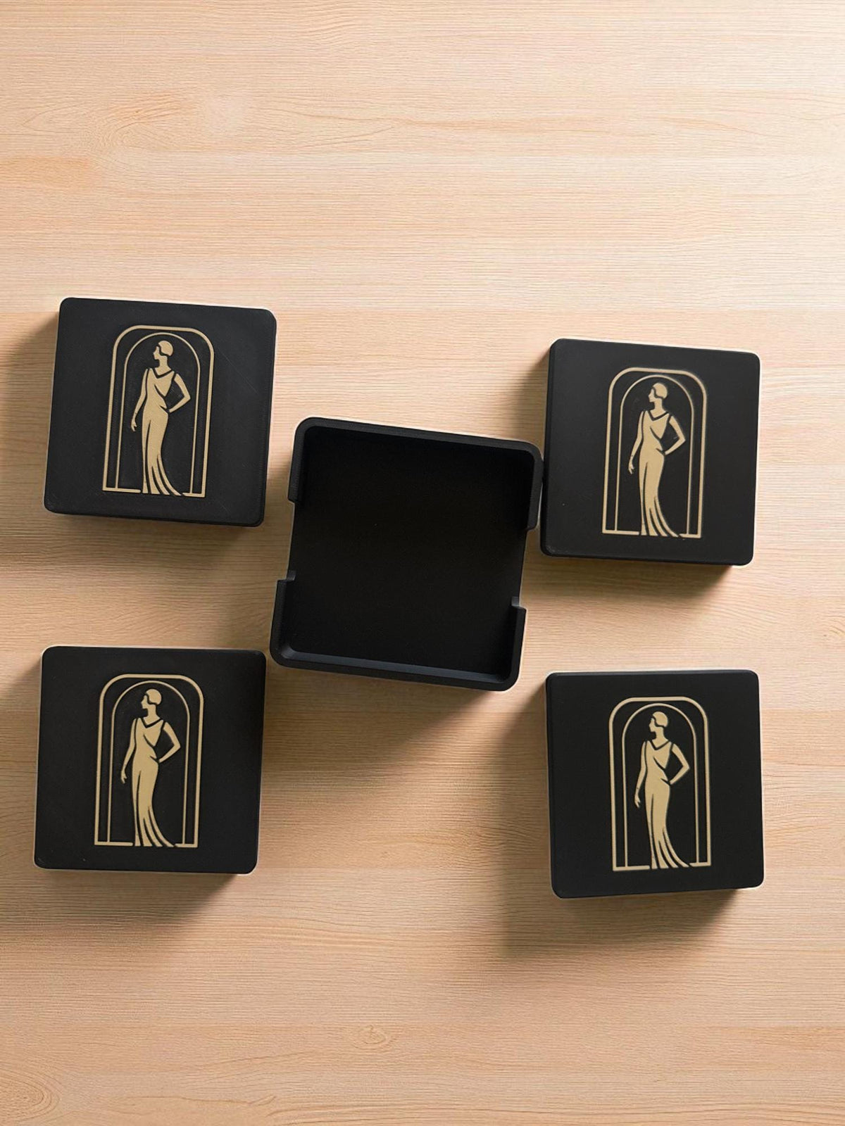 Art Deco Coaster Set: Elegant Lady in Black Silhouette  4 or 6  Black & Tan Inlay Drink Coasters  Table  Protection, Jazz Age Cocktail