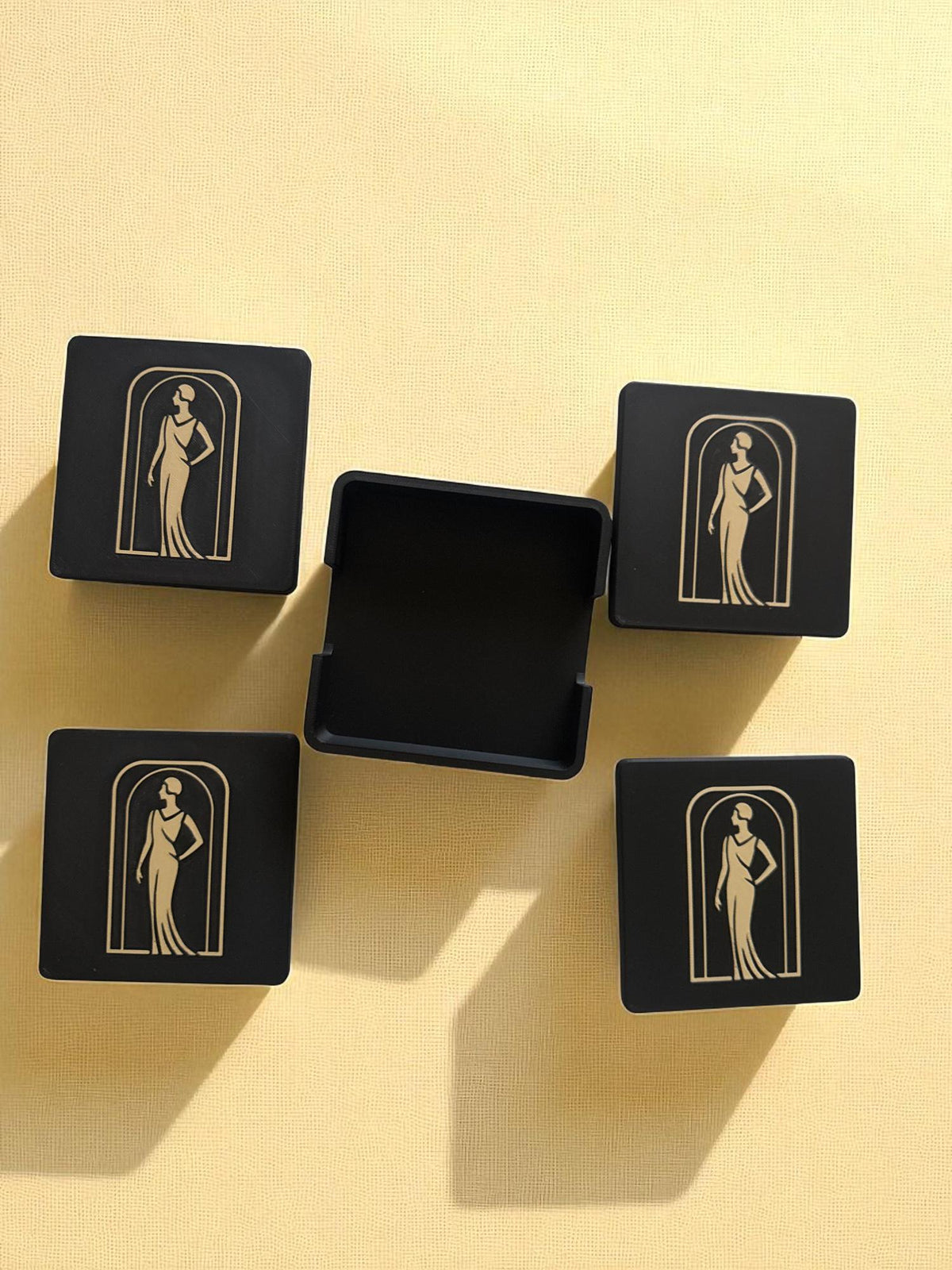 Art Deco Coaster Set: Elegant Lady in Black Silhouette  4 or 6  Black & Tan Inlay Drink Coasters  Table  Protection, Jazz Age Cocktail