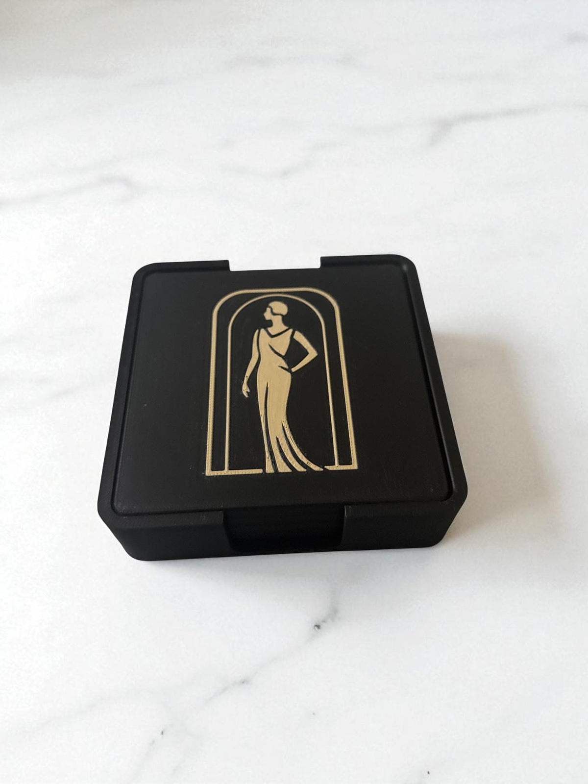 Art Deco Coaster Set: Elegant Lady in Black Silhouette  4 or 6  Black & Tan Inlay Drink Coasters  Table  Protection, Jazz Age Cocktail