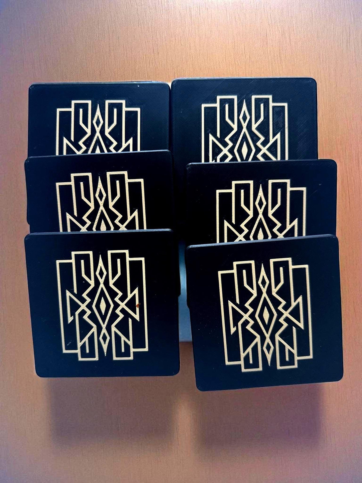 Art Deco Lattice Coaster Set with Holder  Black and Tan Geometric Design, Modern Home Decor, Elegant Table Protection, Housewarming Gift