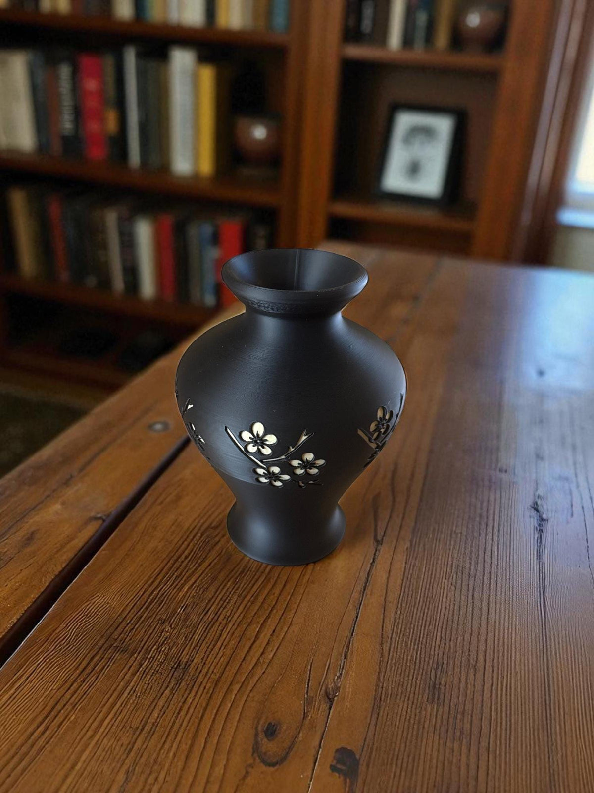 Elegant Cherry Blossom Vase: Engraved Japanese Floral Art Decor for Romantic Zen Home Ambiance