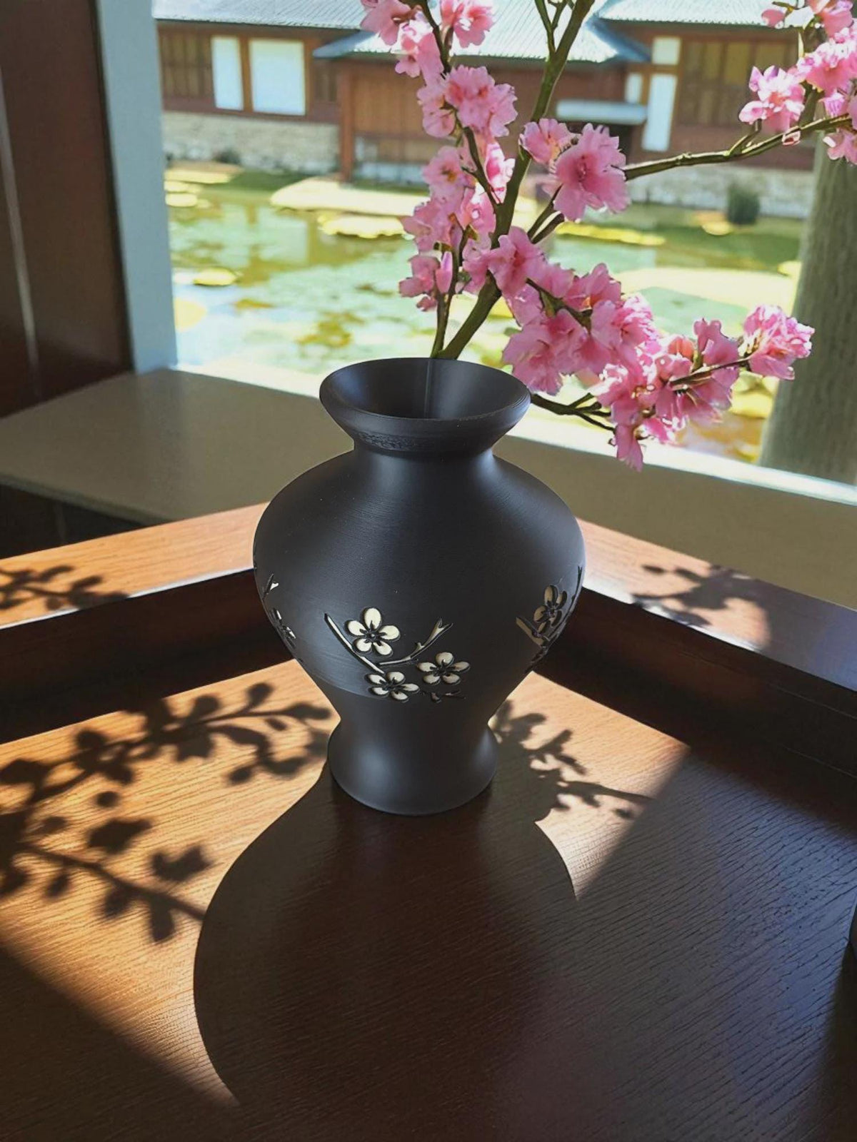 Elegant Cherry Blossom Vase: Engraved Japanese Floral Art Decor for Romantic Zen Home Ambiance
