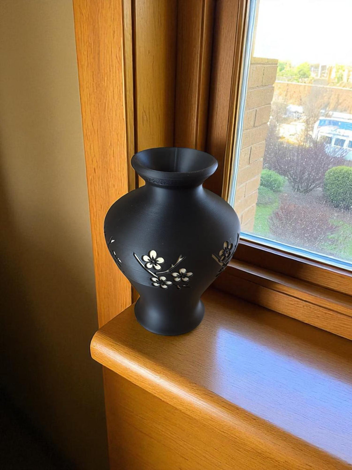 Elegant Cherry Blossom Vase: Engraved Japanese Floral Art Decor for Romantic Zen Home Ambiance