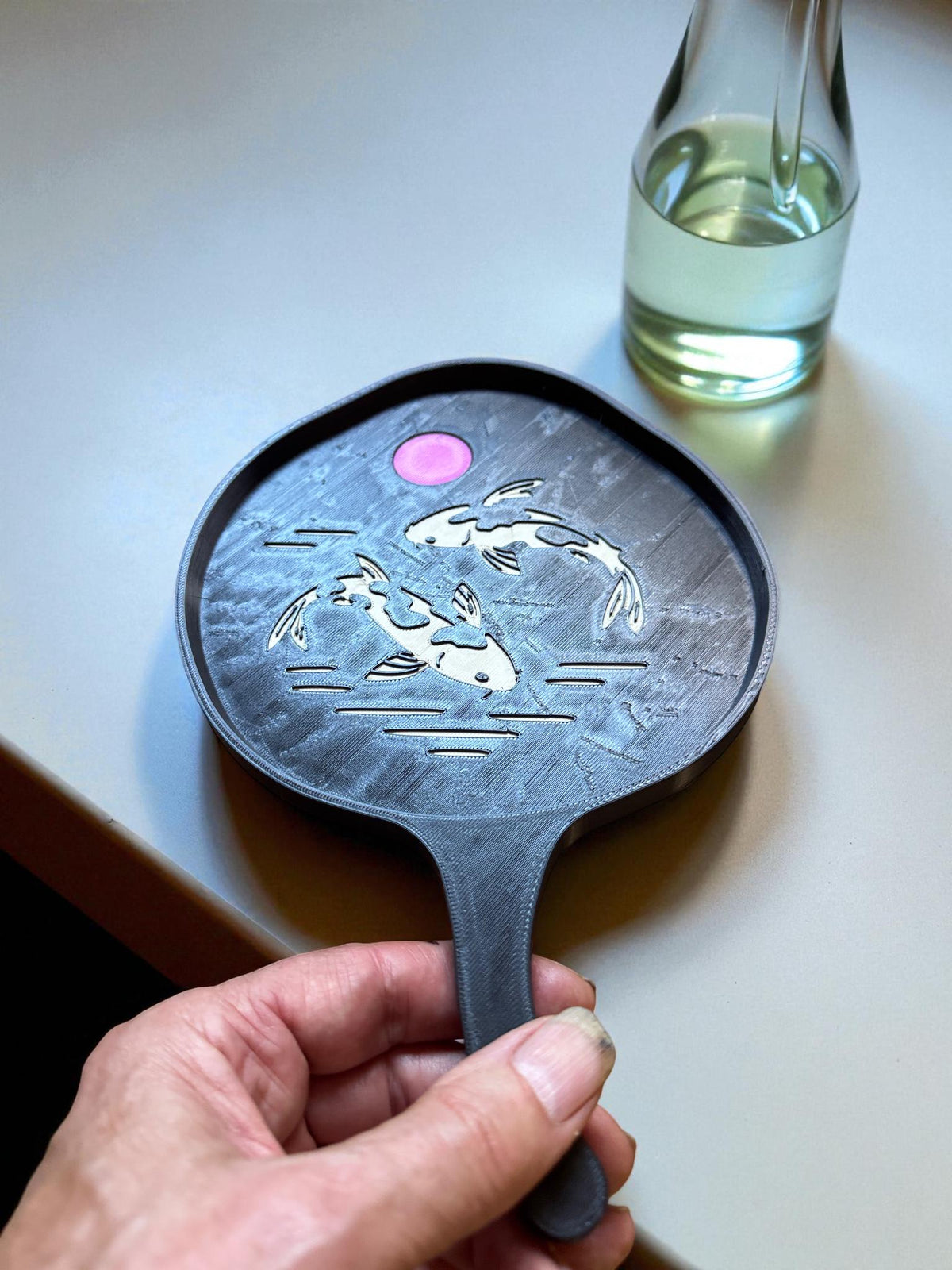 Japanese Lotus Leaf Koi Tray, Elegant Hand Paddle Tray, Zen Asian Home Decor, Black Gold Artisan Catchall, Peaceful Pond Design Gift