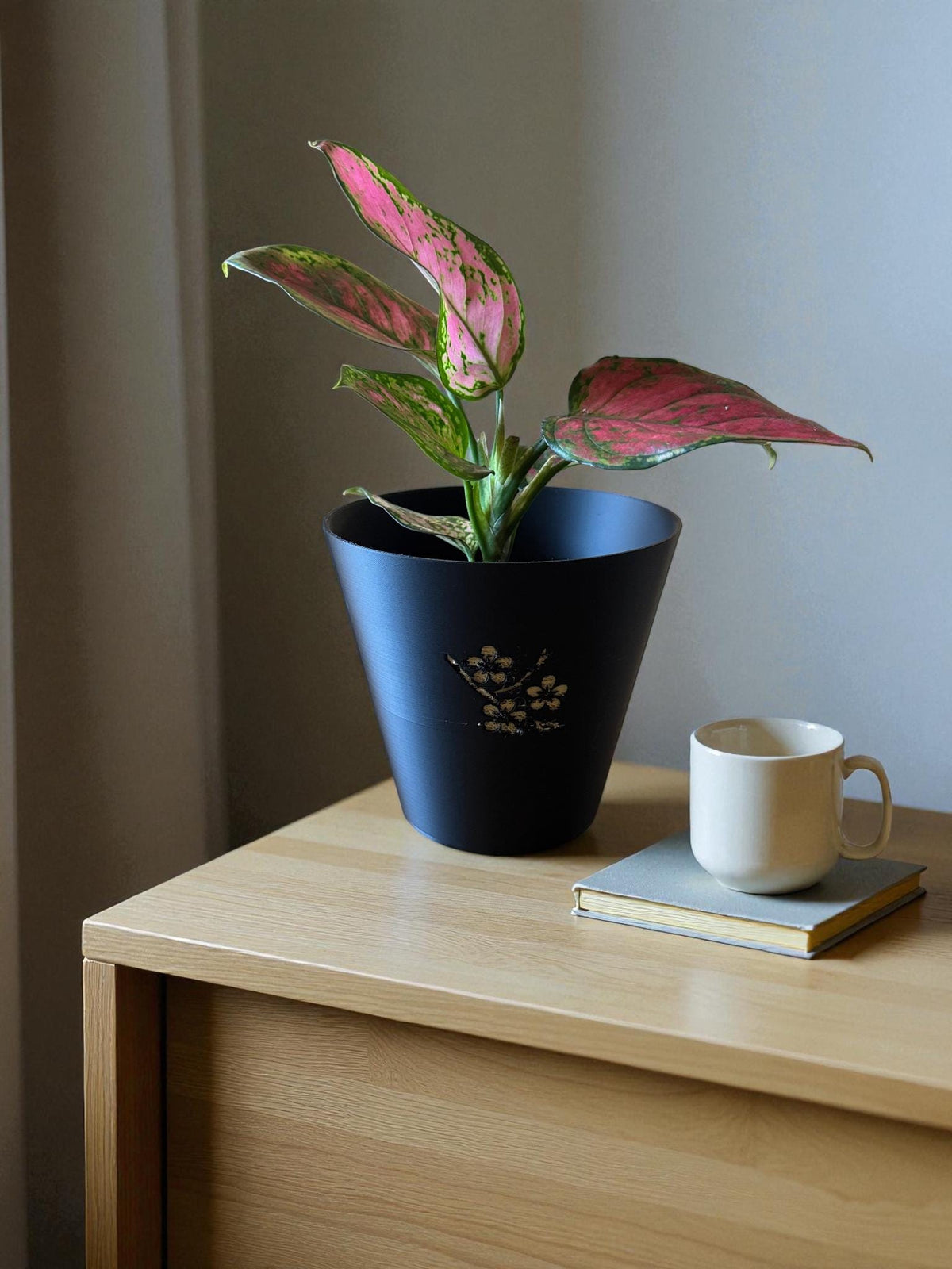 Japanese Cherry Blossom Tapered Cachepot Planter, Elegant Tapered Plant Pot for Indoor Plants, Black Zen Asian Home Decor, Fits Nursery Pots