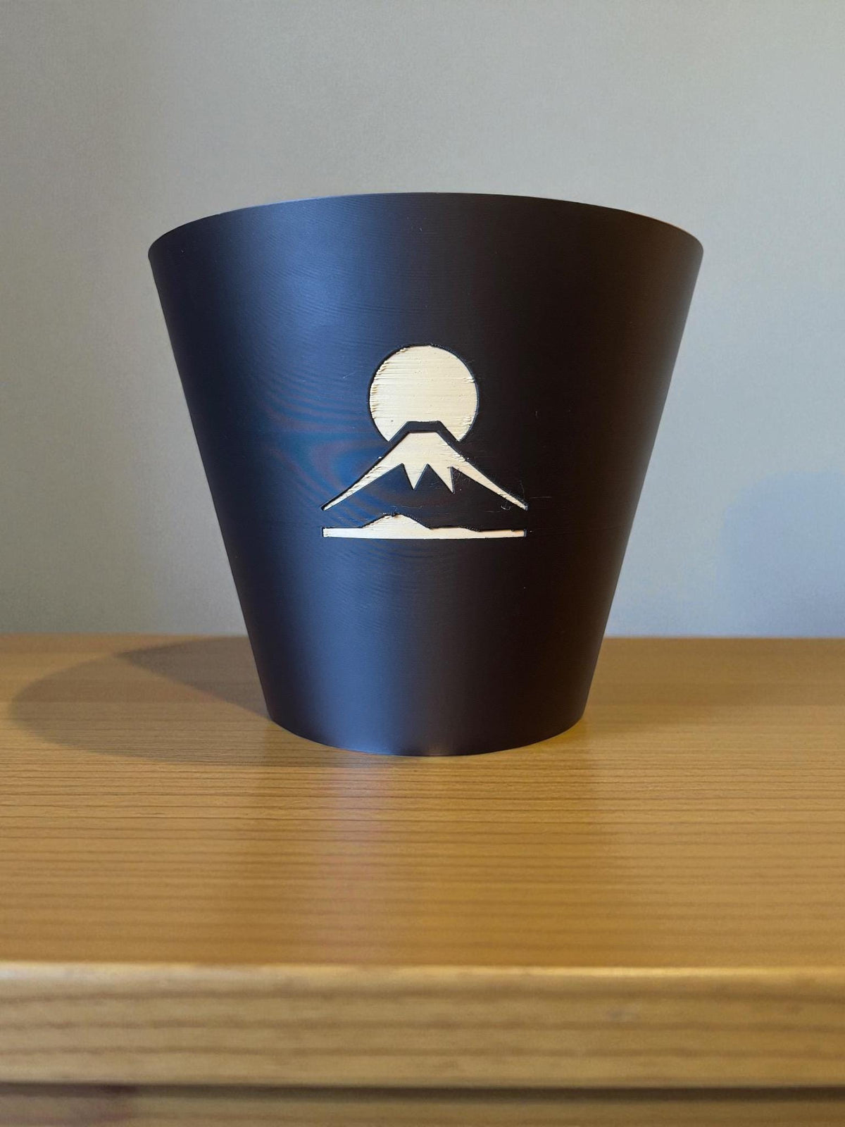 Mount Fuji Cachepot  Black and Tan Art Planter with Rising Sun Relief  Japanese Decor for Modern Homes