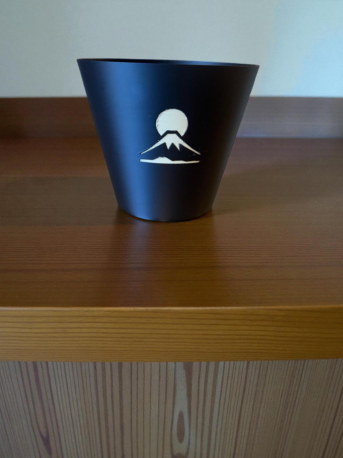 Mount Fuji Cachepot  Black and Tan Art Planter with Rising Sun Relief  Japanese Decor for Modern Homes