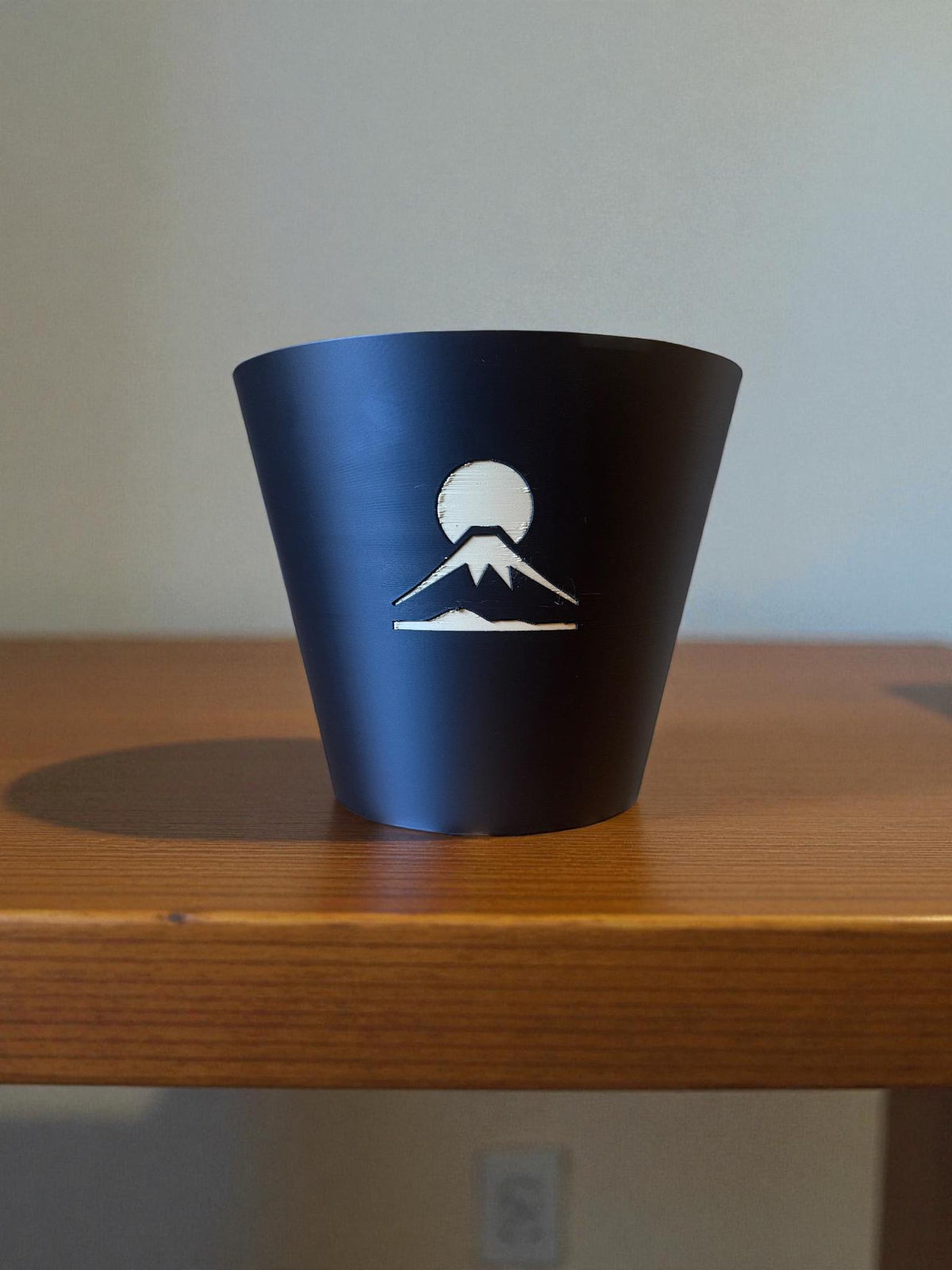 Mount Fuji Cachepot  Black and Tan Art Planter with Rising Sun Relief  Japanese Decor for Modern Homes