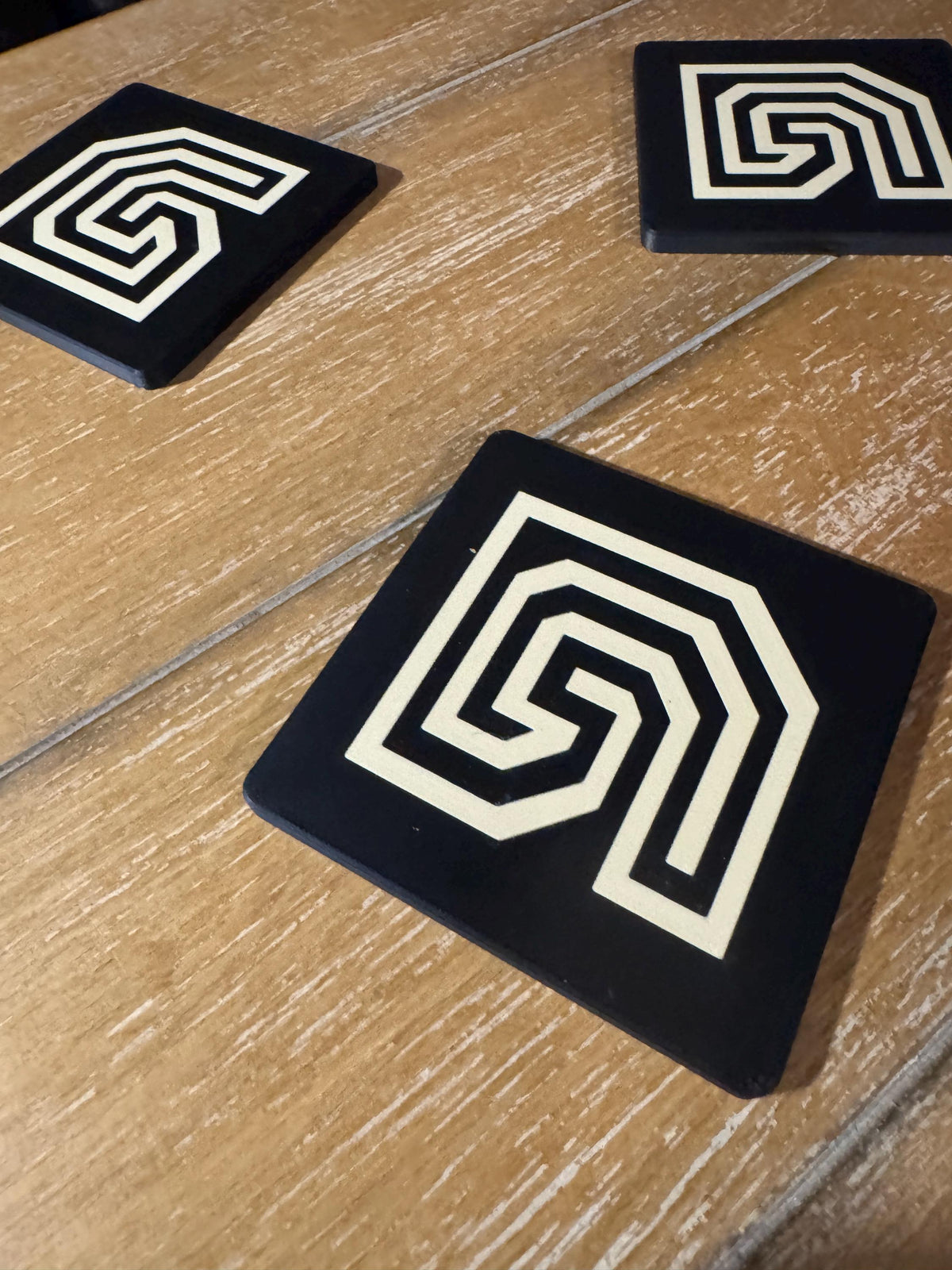 PUEBLO STEP COASTER Set  striking black and sand-toned accents that protect surfaces with style, Inspired by ancient Americas, 4 piece or 6