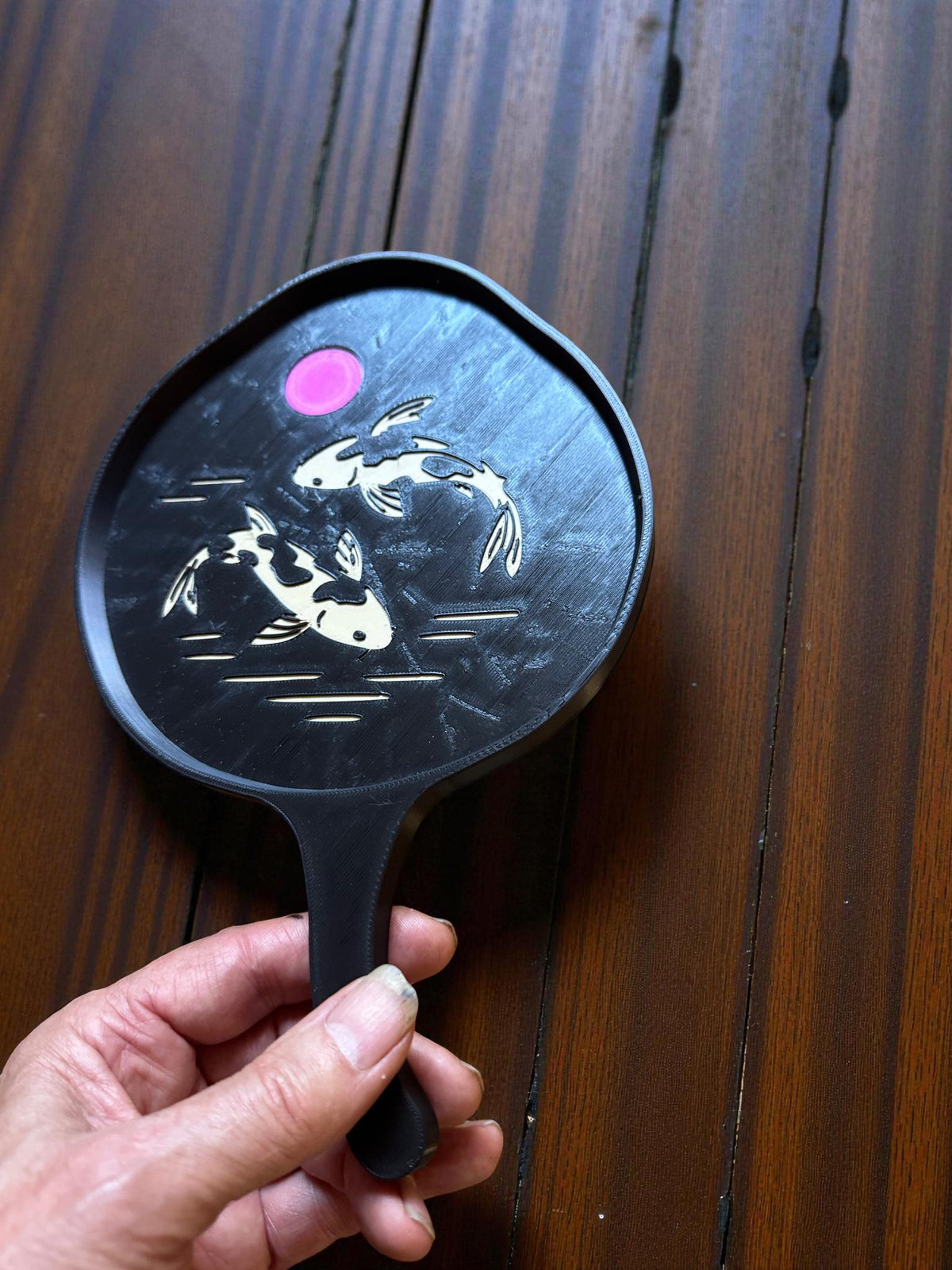Japanese Lotus Leaf Koi Tray, Elegant Hand Paddle Tray, Zen Asian Home Decor, Black Gold Artisan Catchall, Peaceful Pond Design Gift