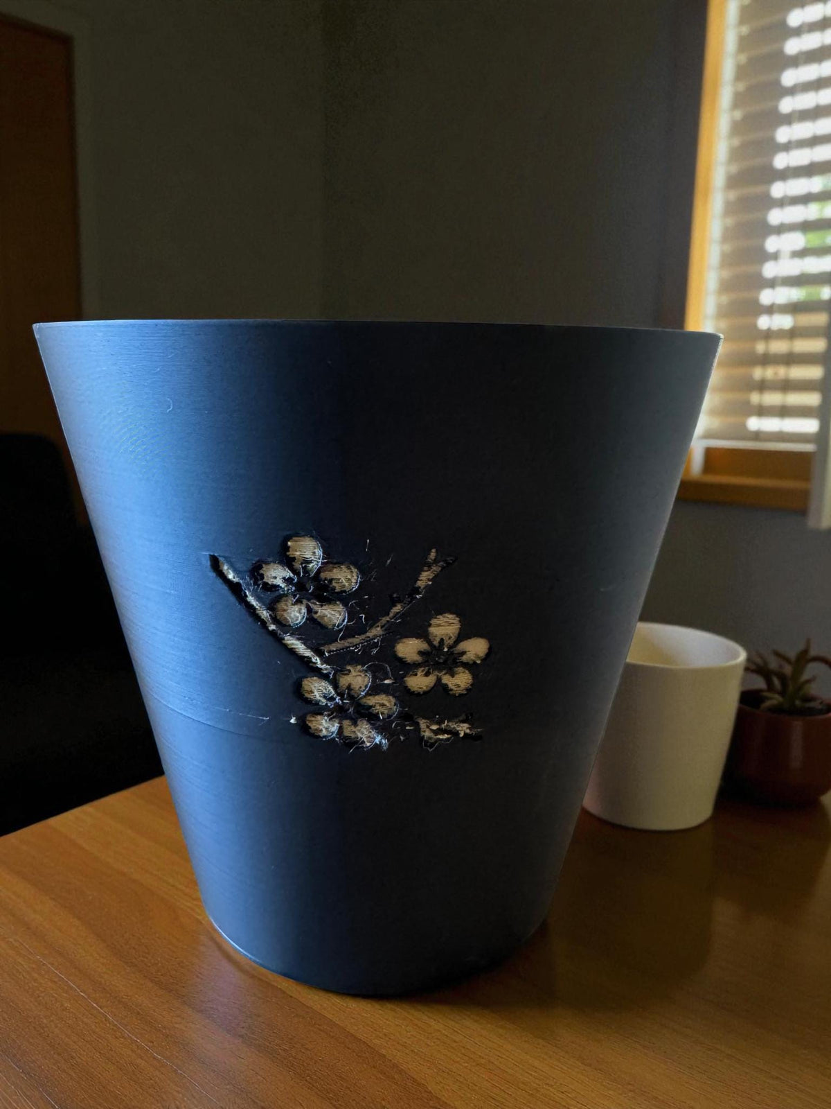 Japanese Cherry Blossom Tapered Cachepot Planter, Elegant Tapered Plant Pot for Indoor Plants, Black Zen Asian Home Decor, Fits Nursery Pots
