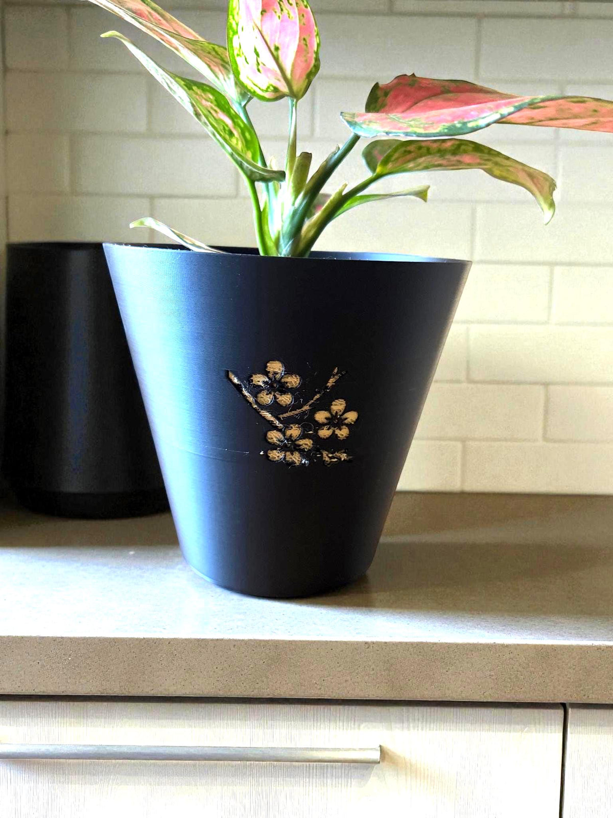 Japanese Cherry Blossom Tapered Cachepot Planter, Elegant Tapered Plant Pot for Indoor Plants, Black Zen Asian Home Decor, Fits Nursery Pots