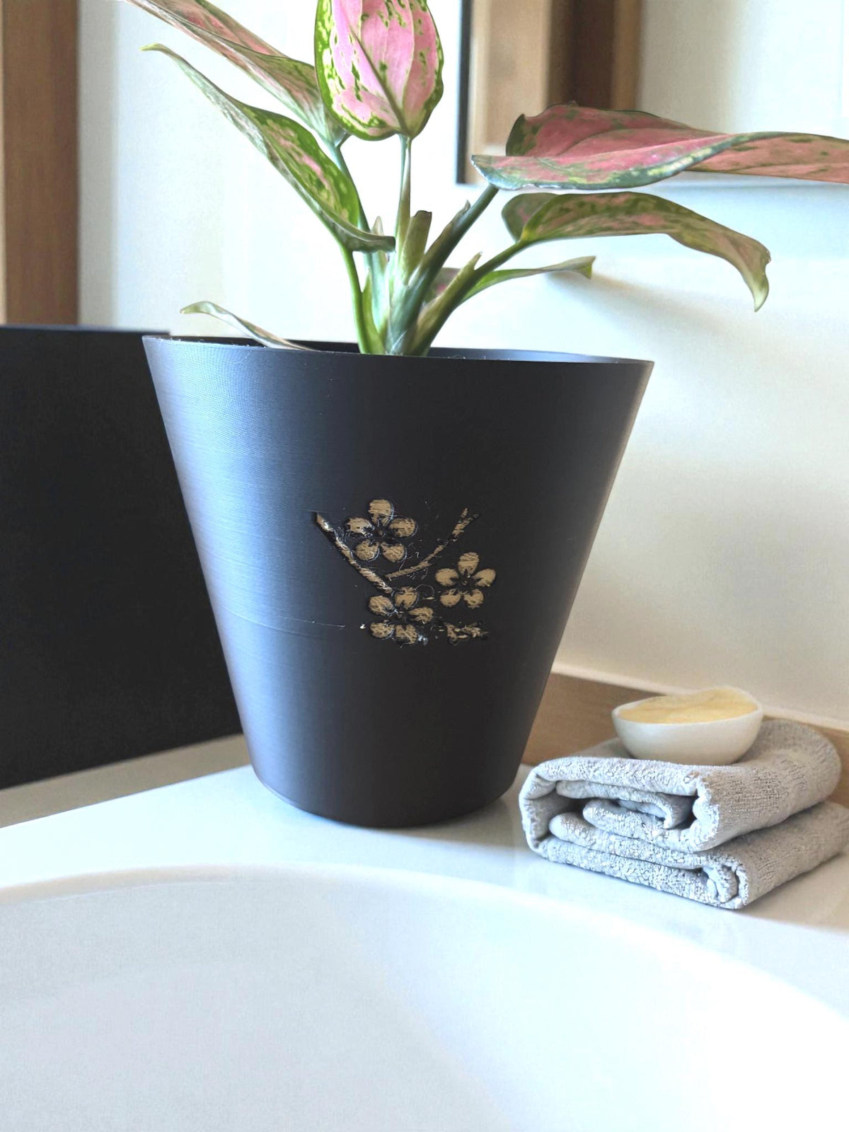 Japanese Cherry Blossom Tapered Cachepot Planter, Elegant Tapered Plant Pot for Indoor Plants, Black Zen Asian Home Decor, Fits Nursery Pots