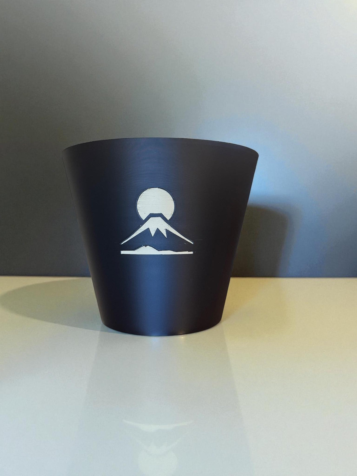 Mount Fuji Cachepot  Black and Tan Art Planter with Rising Sun Relief  Japanese Decor for Modern Homes