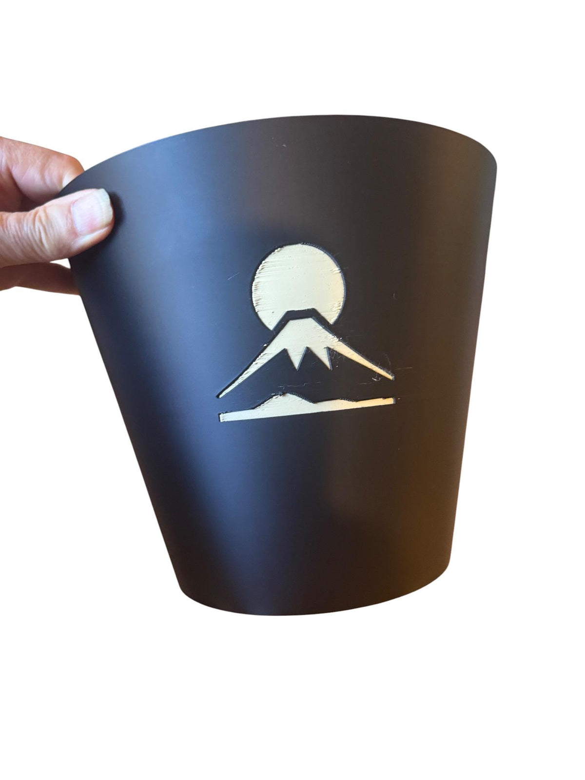 Mount Fuji Cachepot  Black and Tan Art Planter with Rising Sun Relief  Japanese Decor for Modern Homes