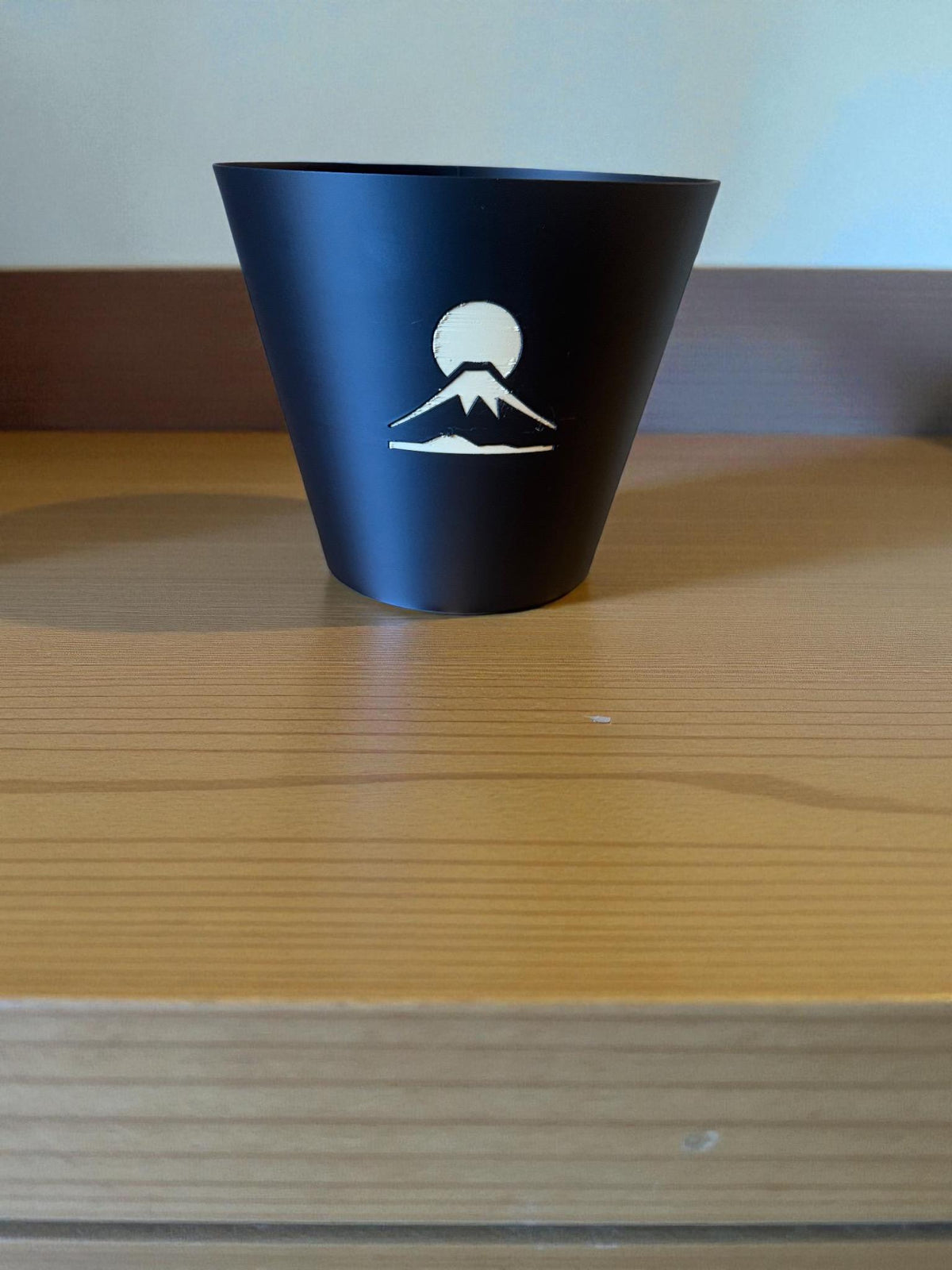 Mount Fuji Cachepot  Black and Tan Art Planter with Rising Sun Relief  Japanese Decor for Modern Homes