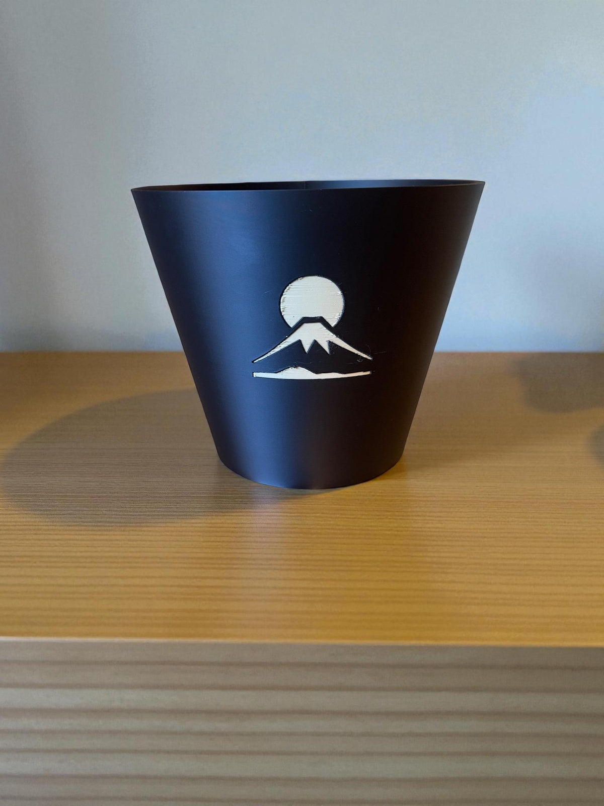 Mount Fuji Cachepot  Black and Tan Art Planter with Rising Sun Relief  Japanese Decor for Modern Homes