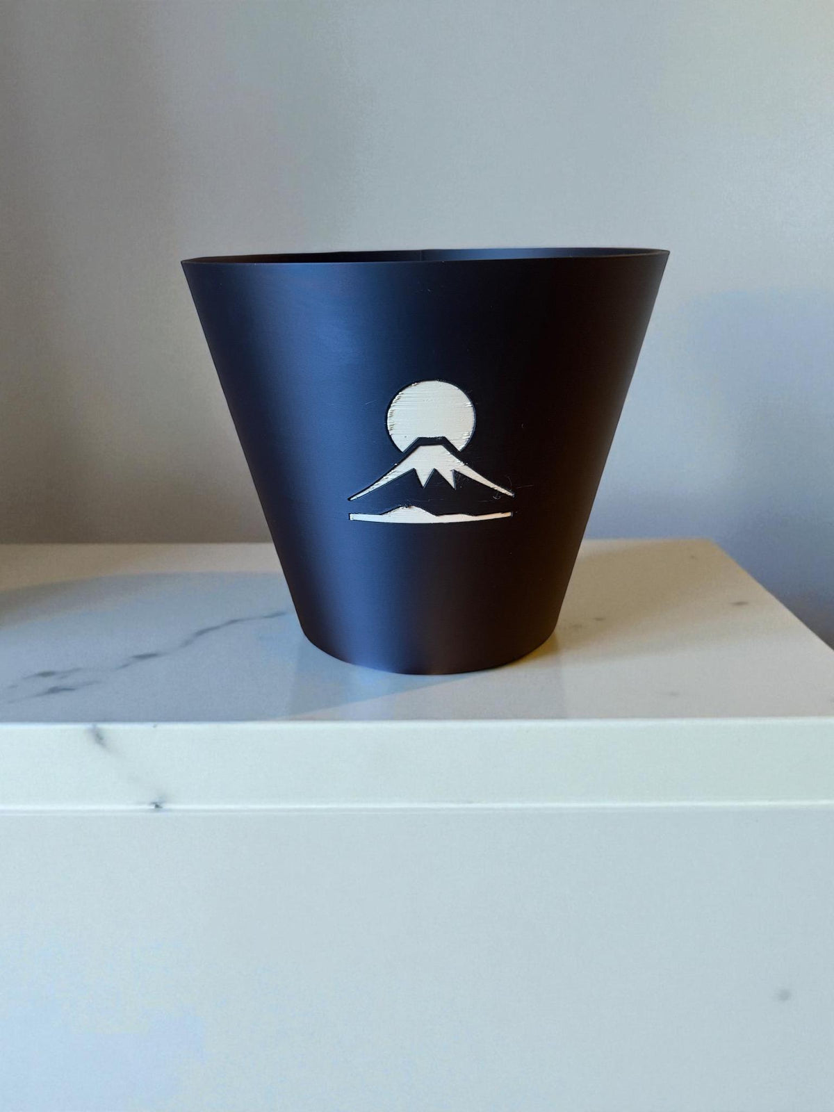Mount Fuji Cachepot  Black and Tan Art Planter with Rising Sun Relief  Japanese Decor for Modern Homes