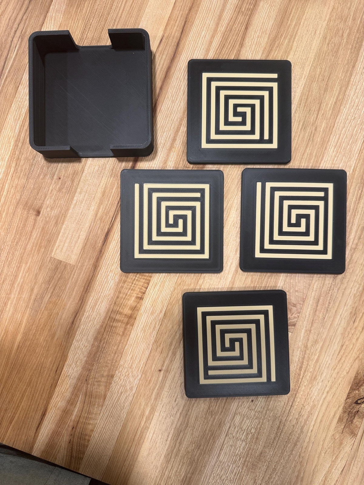 PUEBLO STEP COASTER Set  striking black and sand-toned accents that protect surfaces with style, Inspired by ancient Americas, 4 piece or 6