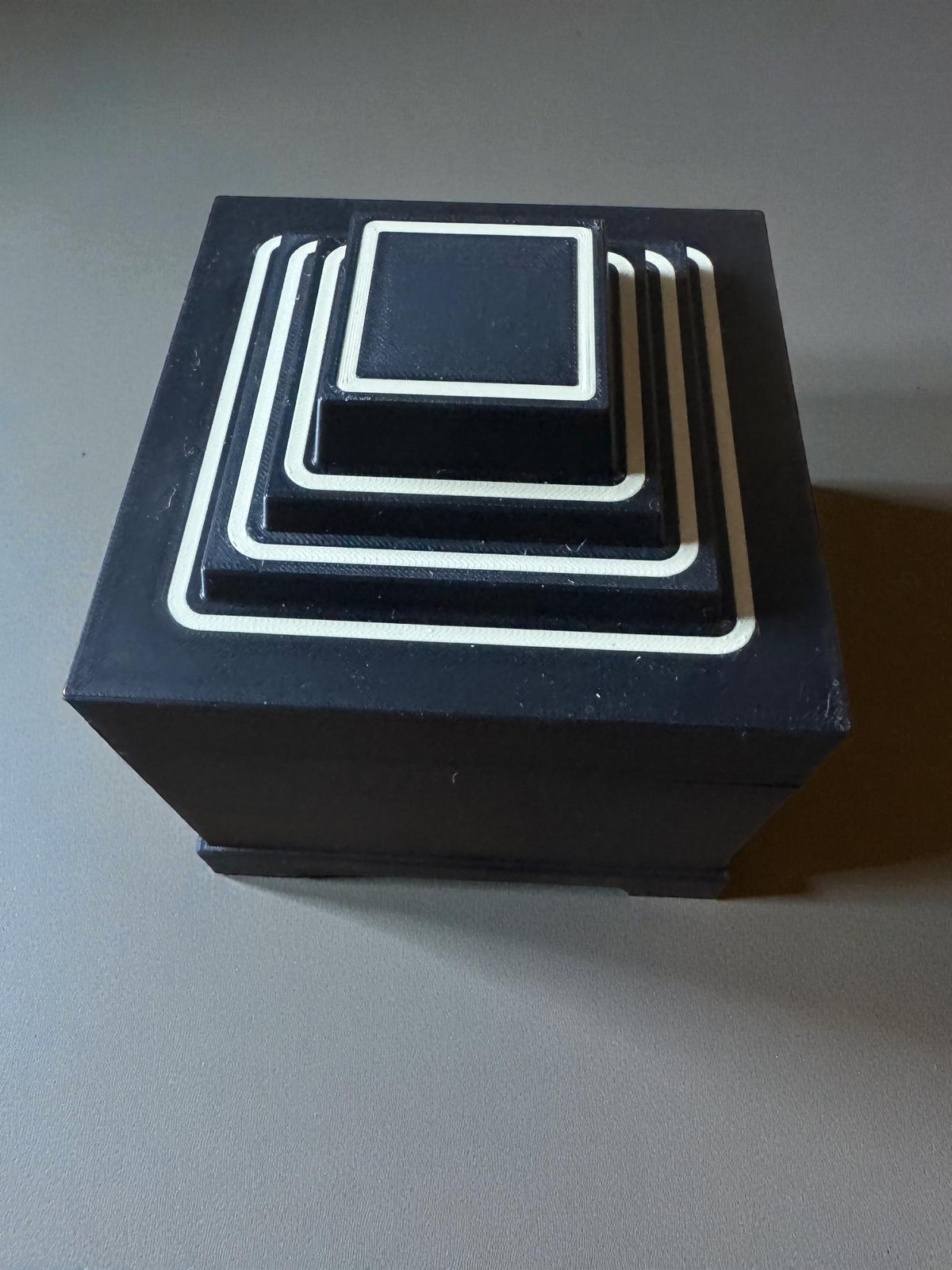Art Deco Stepped Pyramid Box: Geometric Home Decor, Tan & Black