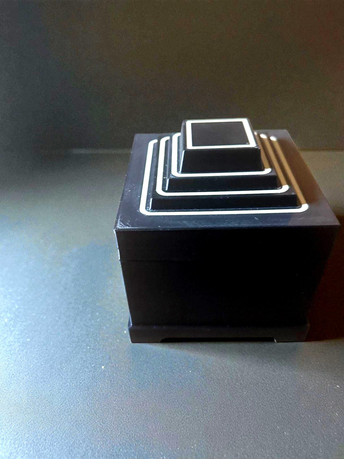 Art Deco Stepped Pyramid Box: Geometric Home Decor, Tan & Black