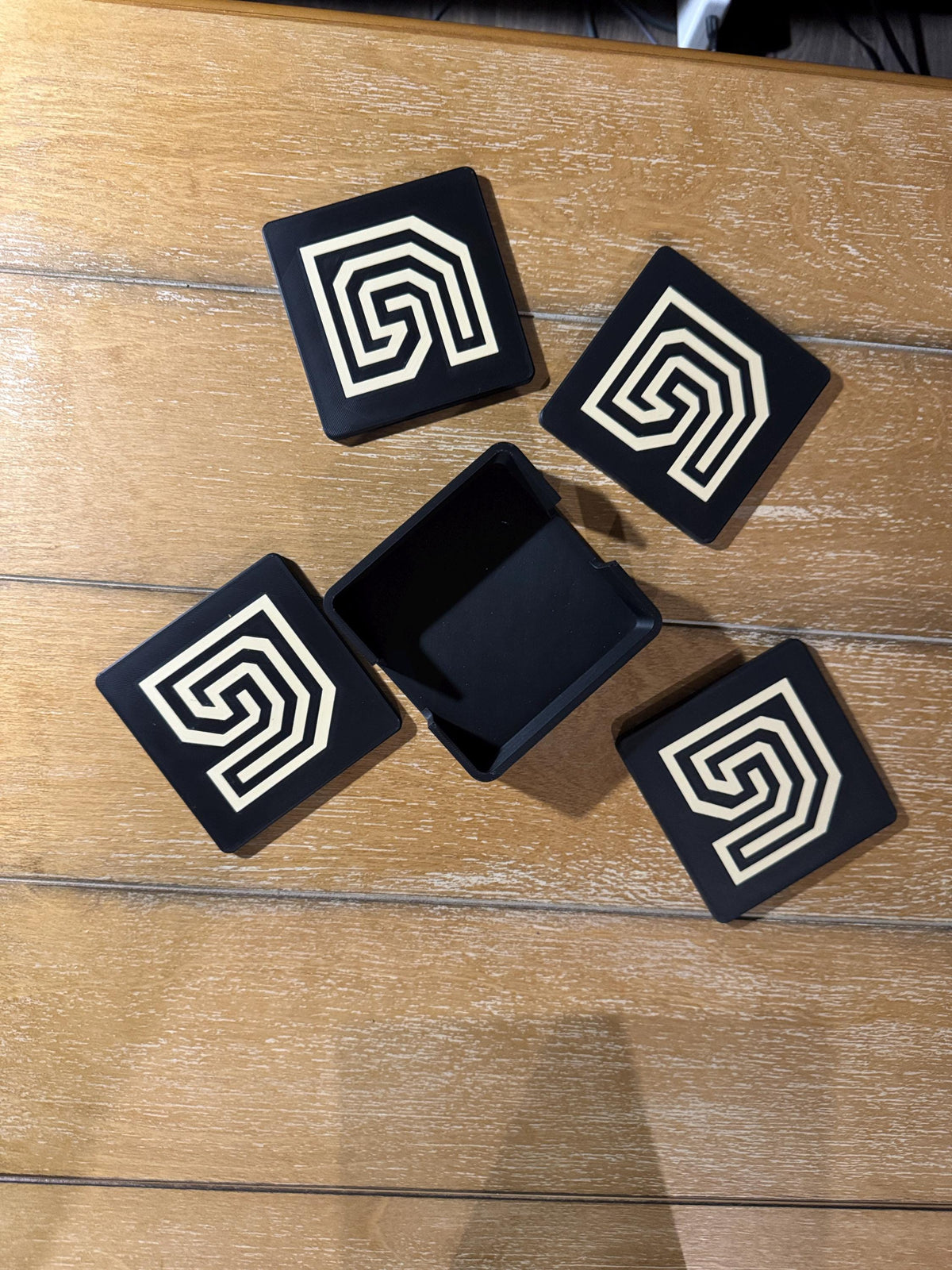 PUEBLO STEP COASTER Set  striking black and sand-toned accents that protect surfaces with style, Inspired by ancient Americas, 4 piece or 6
