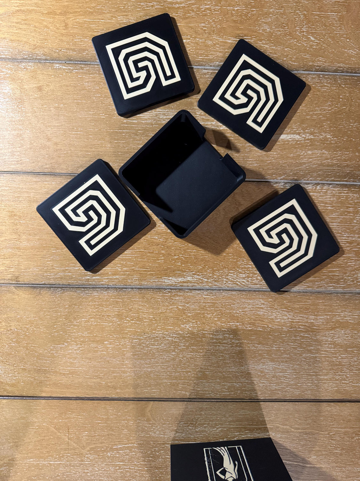 PUEBLO STEP COASTER Set  striking black and sand-toned accents that protect surfaces with style, Inspired by ancient Americas, 4 piece or 6