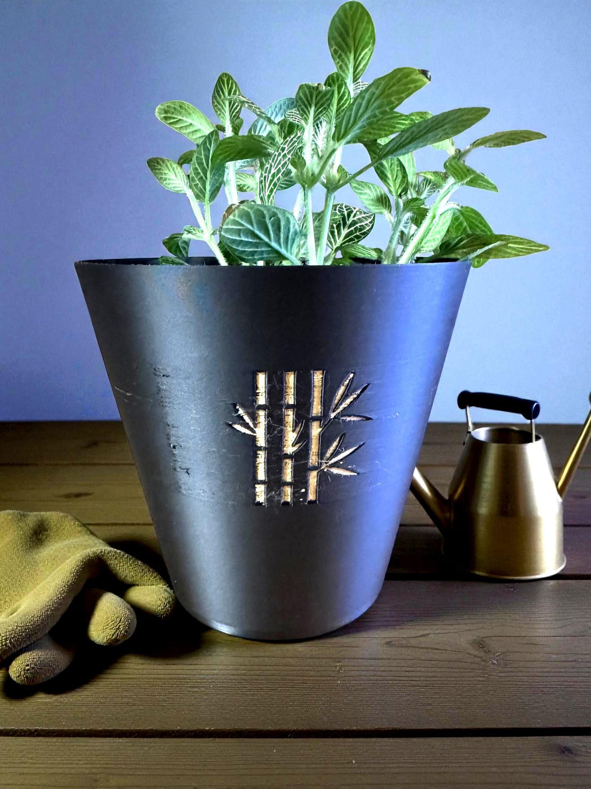 Modern bamboo tapered cachepot planter  black gold zen indoor plant pot for desk shelf decor