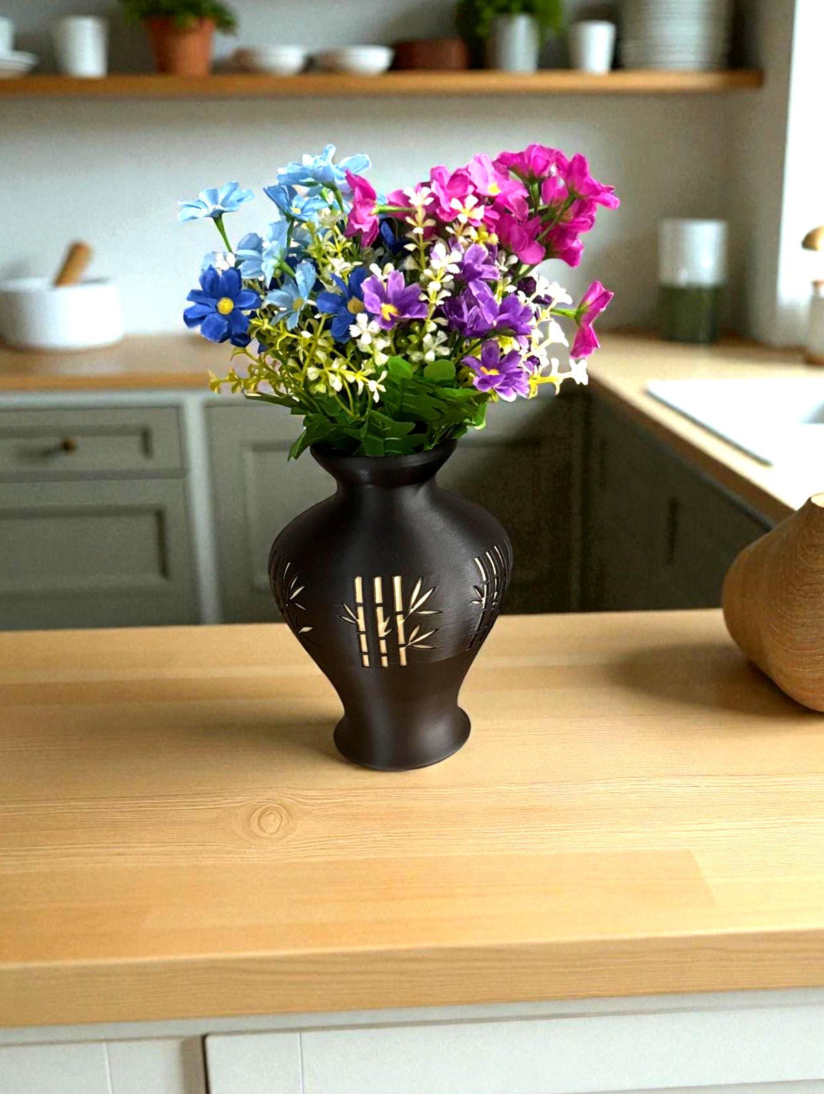 Bamboo black and tan/gold Vase, Japanese bamboo art, MODERN zen decor, ASIAN home accent GIFT for entryway, shelf, mantel, living room