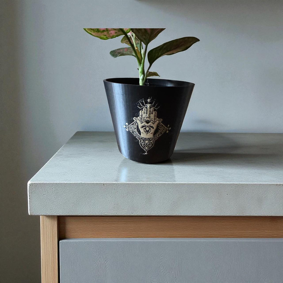 CELTIC CLADDAGH CACHEPOT, Irish Love Loyalty Friendship Symbol, Heritage Planter, Black and Gold Pot, Traditional Gaelic Home Gift, 1571