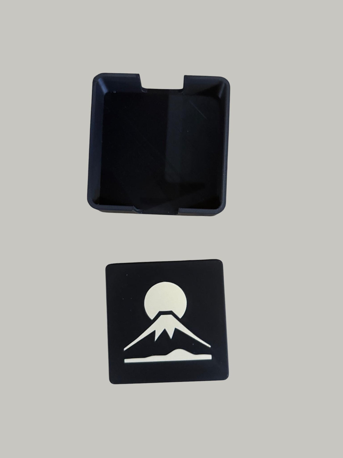 JAPAN FUJI COASTERS set with holder, black tan mountain sun drink bundle, Japanese home bar decor gift