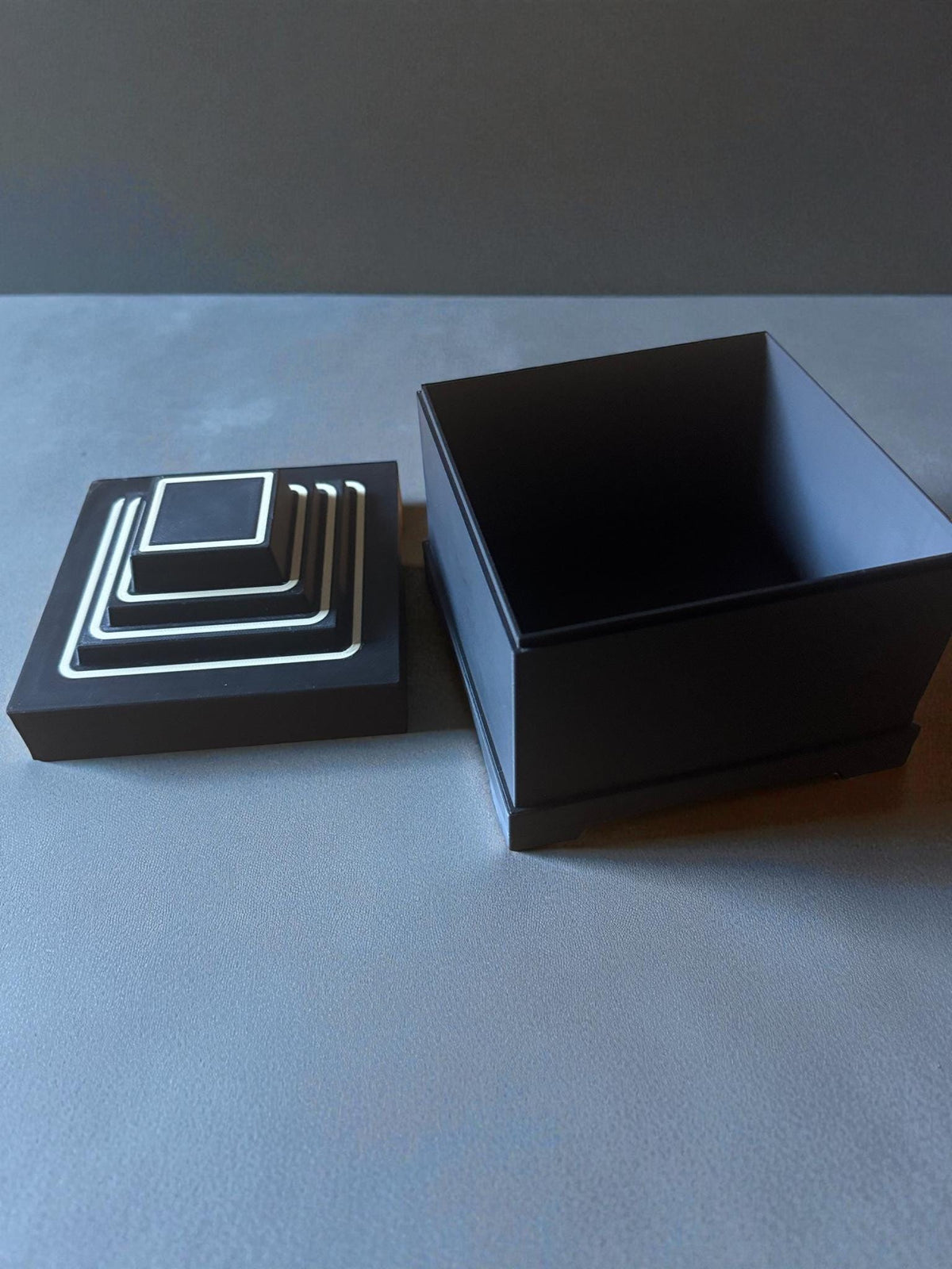 Art Deco Stepped Pyramid Box: Geometric Home Decor, Tan & Black