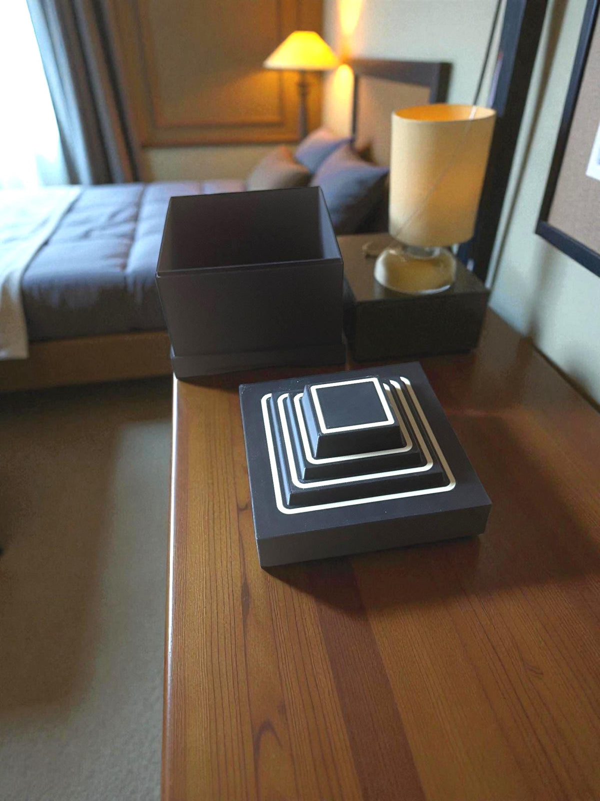 Art Deco Stepped Pyramid Box: Geometric Home Decor, Tan & Black