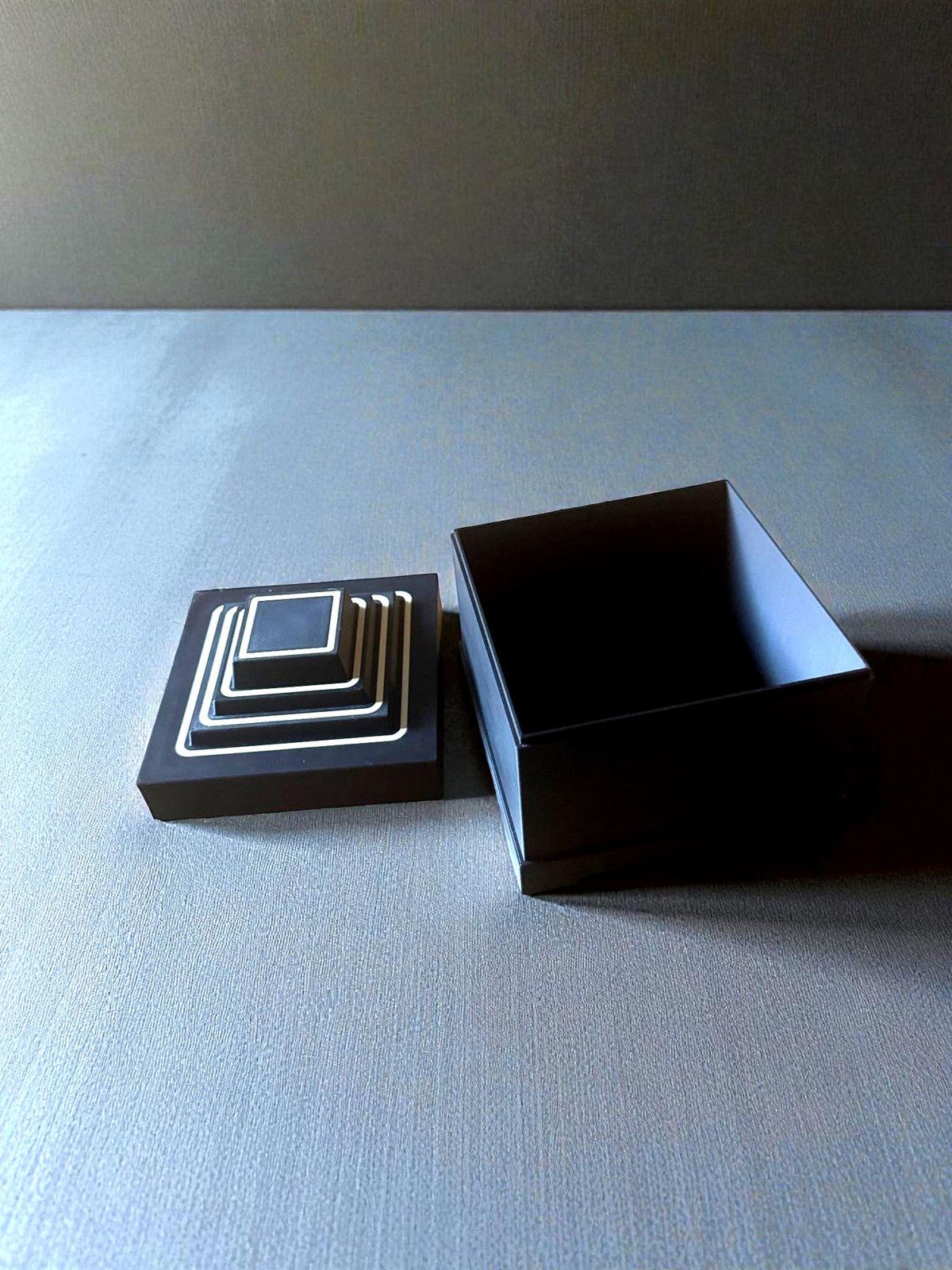 Art Deco Stepped Pyramid Box: Geometric Home Decor, Tan & Black