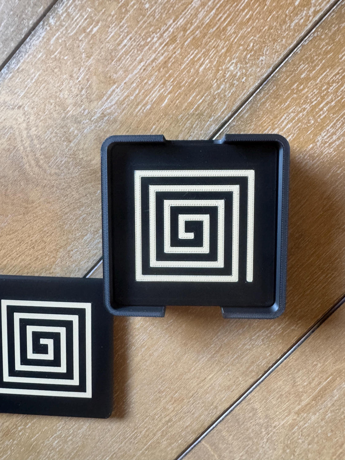 ART DECO Spiral Coaster Set Black Tan Square Drink Coasters Modern Geometric Home Gift