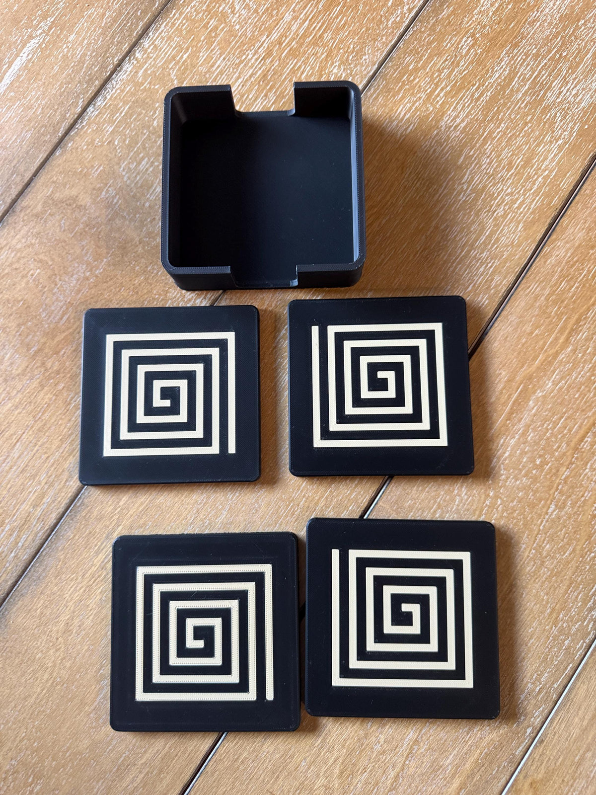 ART DECO Spiral Coaster Set Black Tan Square Drink Coasters Modern Geometric Home Gift