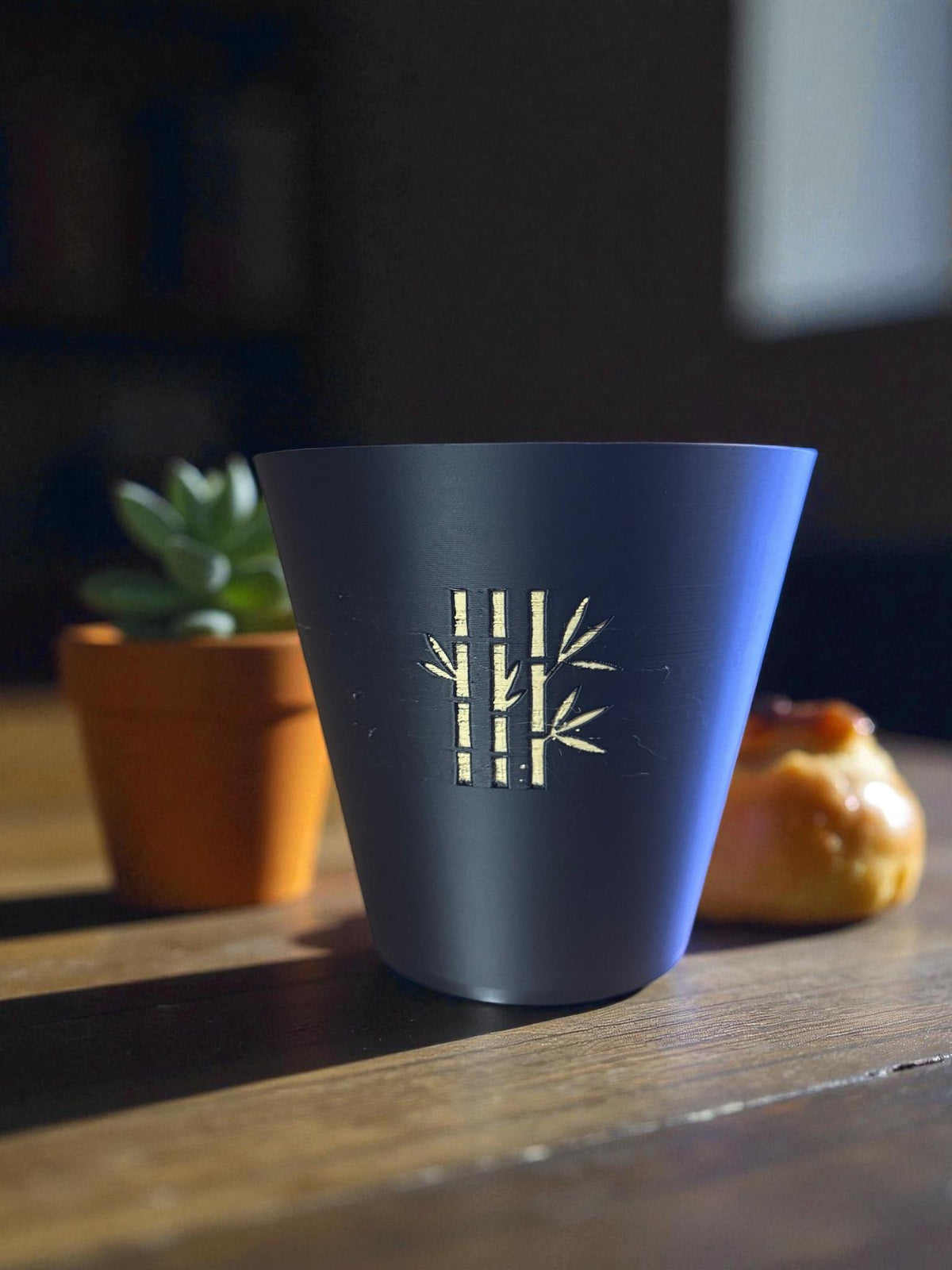 Modern bamboo tapered cachepot planter  black gold zen indoor plant pot for desk shelf decor