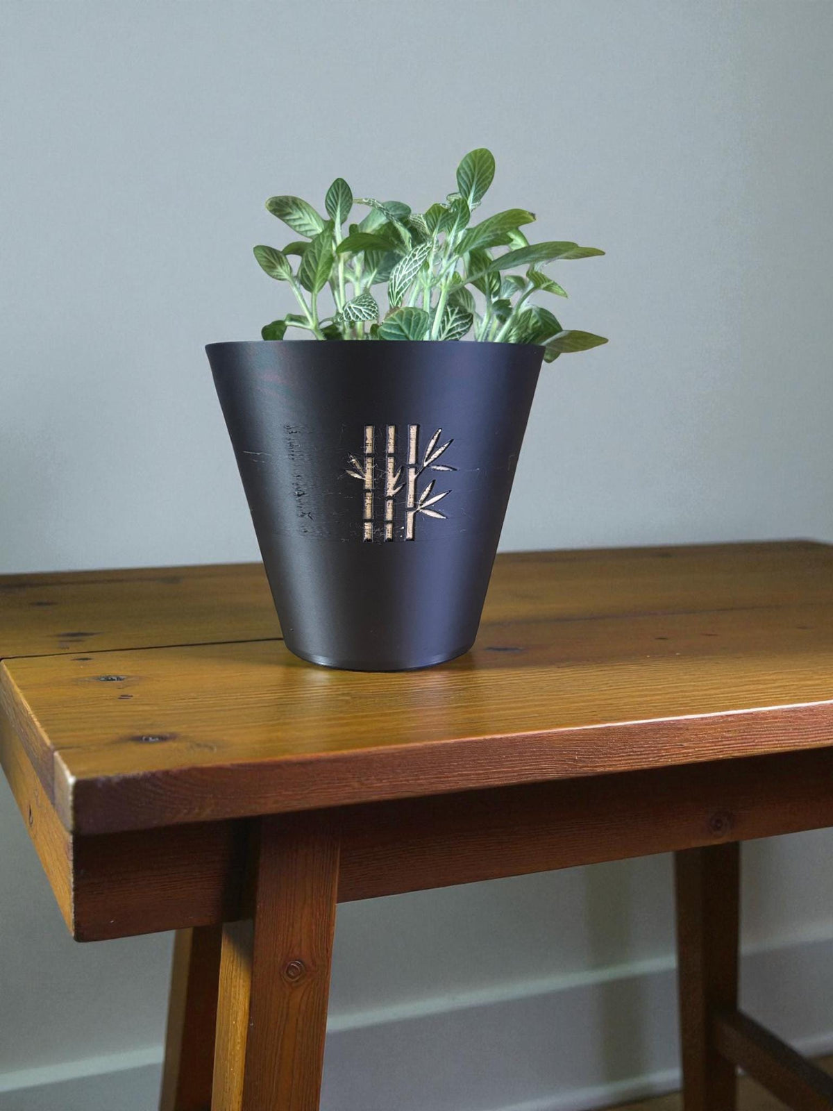 Modern bamboo tapered cachepot planter  black gold zen indoor plant pot for desk shelf decor