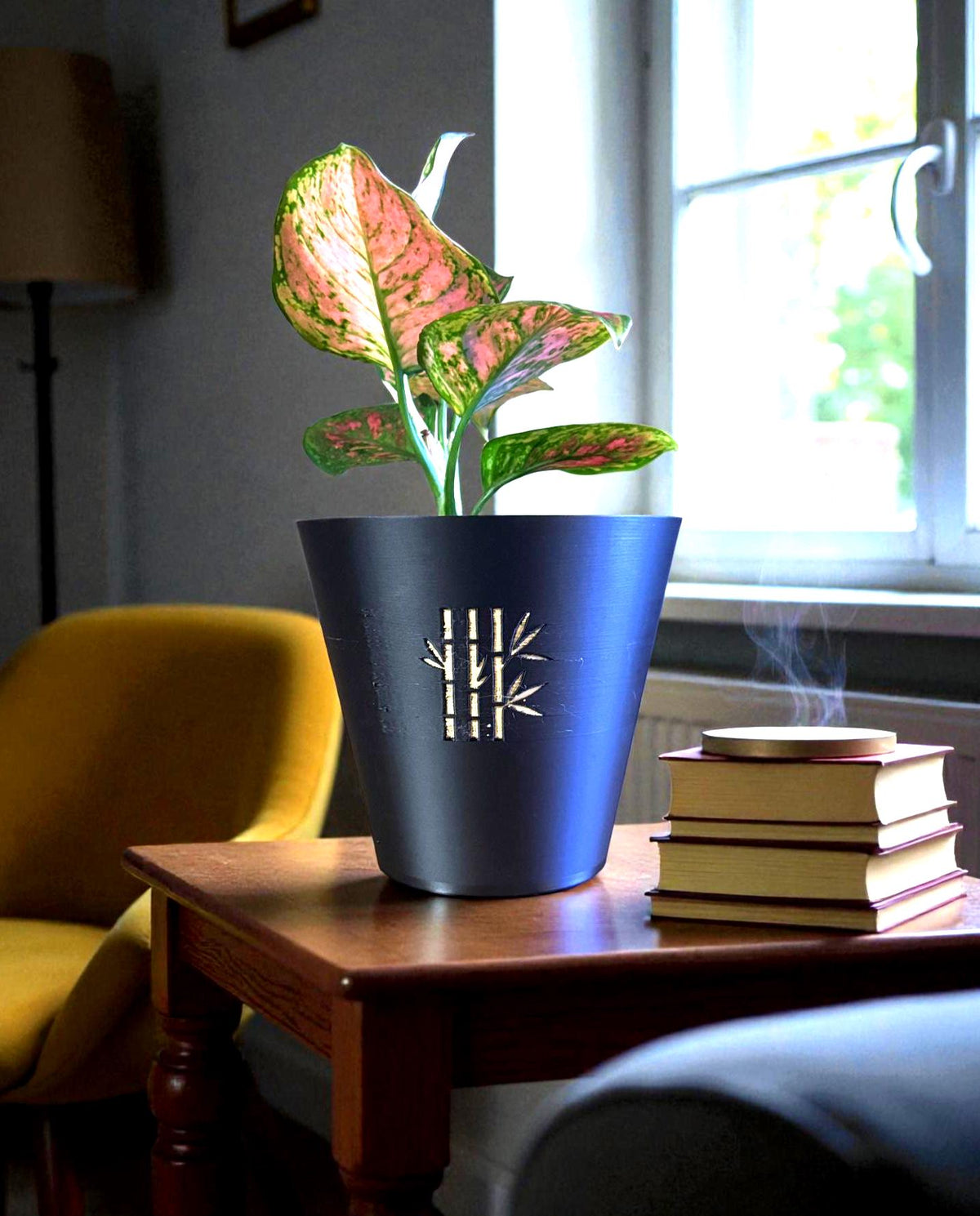 Modern bamboo tapered cachepot planter  black gold zen indoor plant pot for desk shelf decor