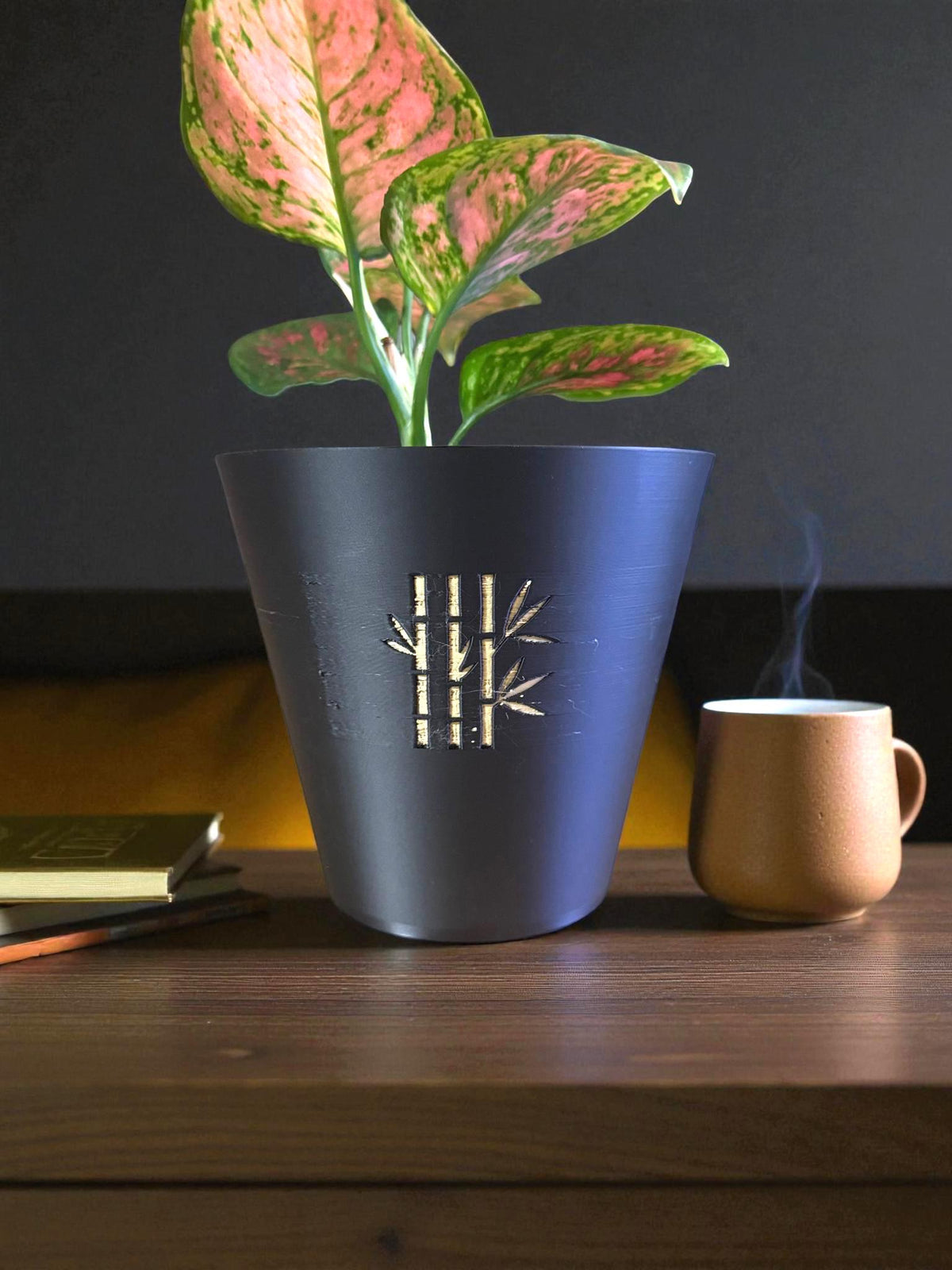 Modern bamboo tapered cachepot planter  black gold zen indoor plant pot for desk shelf decor