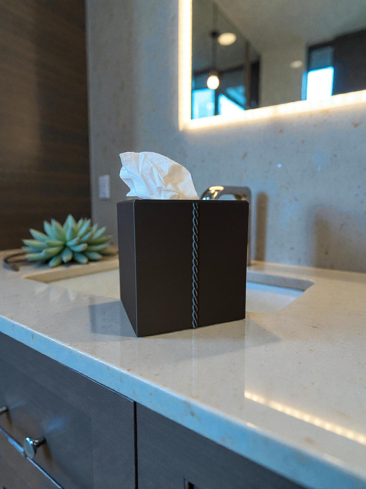 Art Deco Tissue Box Cover Tan on Black Lady Silhouette, Modern Square Bathroom Decor, Elegant Tissue Holder for Bedroom Vanity or Office