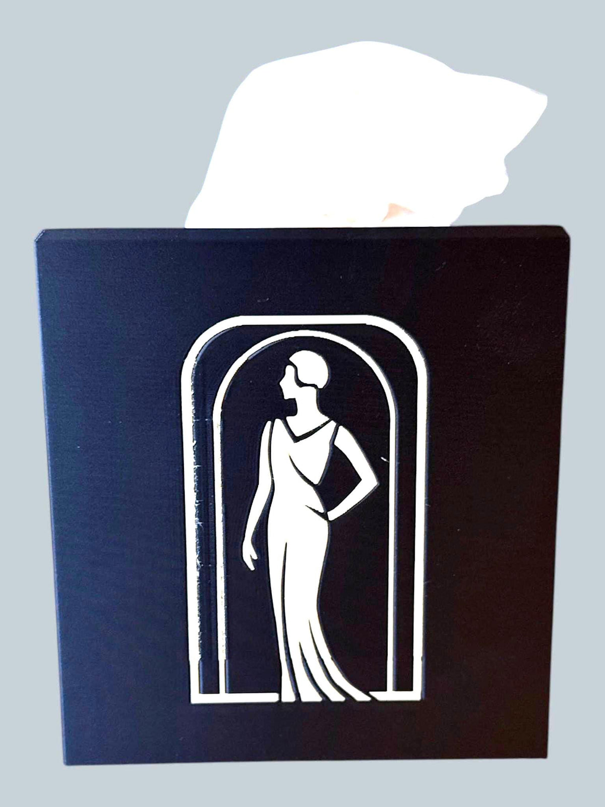 Art Deco Tissue Box Cover Tan on Black Lady Silhouette, Modern Square Bathroom Decor, Elegant Tissue Holder for Bedroom Vanity or Office