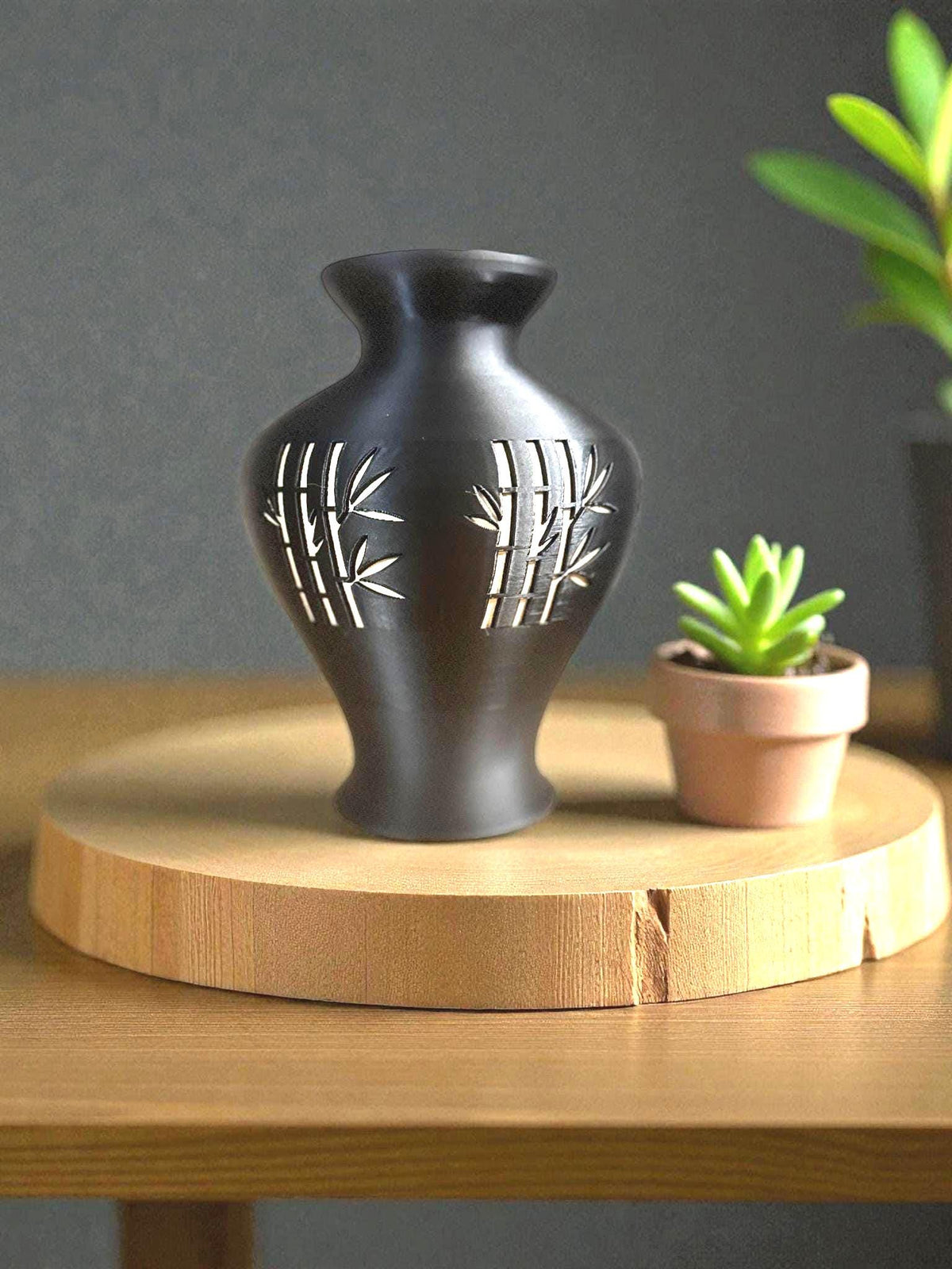 Bamboo black and tan/gold Vase, Japanese bamboo art, MODERN zen decor, ASIAN home accent GIFT for entryway, shelf, mantel, living room