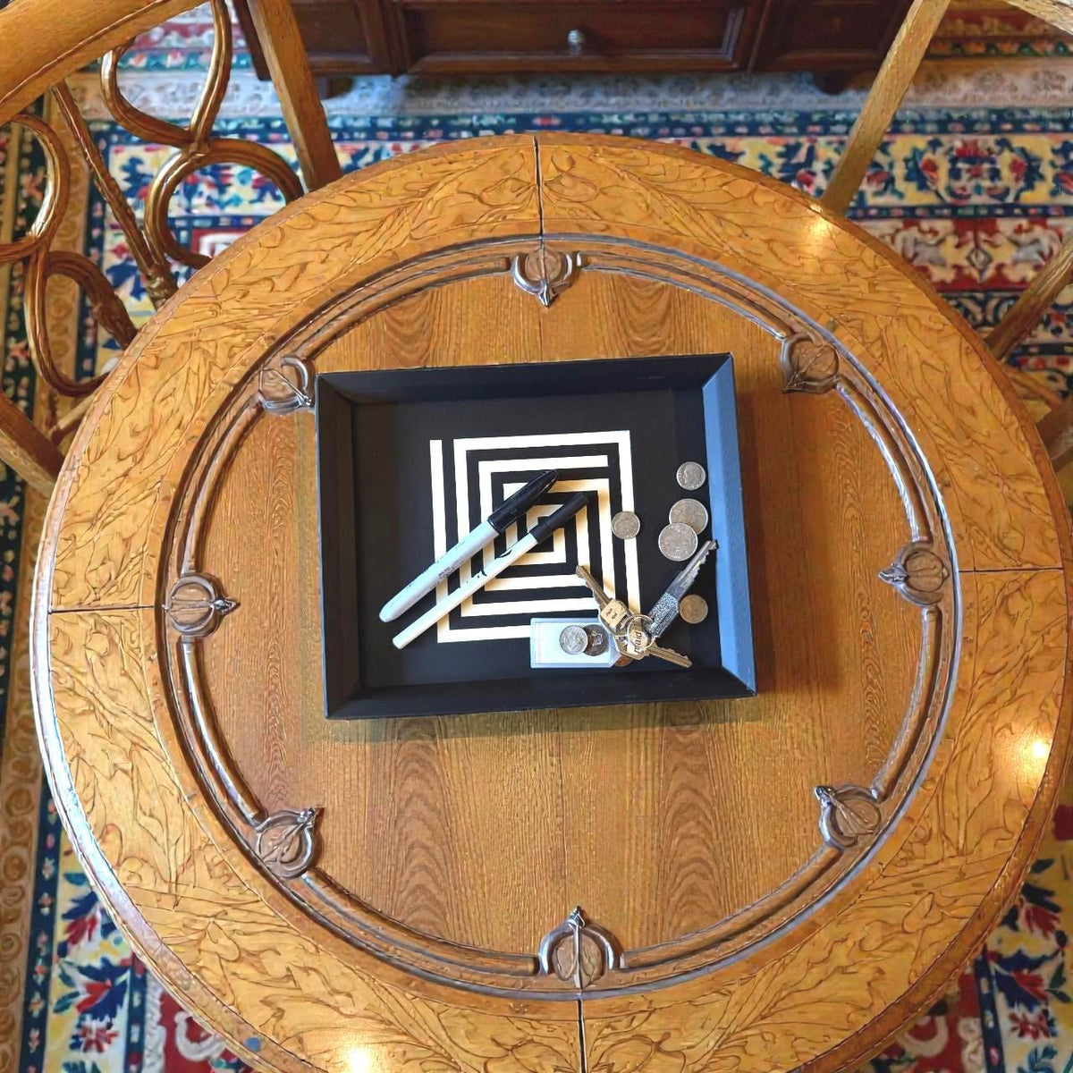 Mayan Labyrinth Square Tray  black tan serving platter from our Americas Collection , coffee table decor, modern catchall - ART DECO