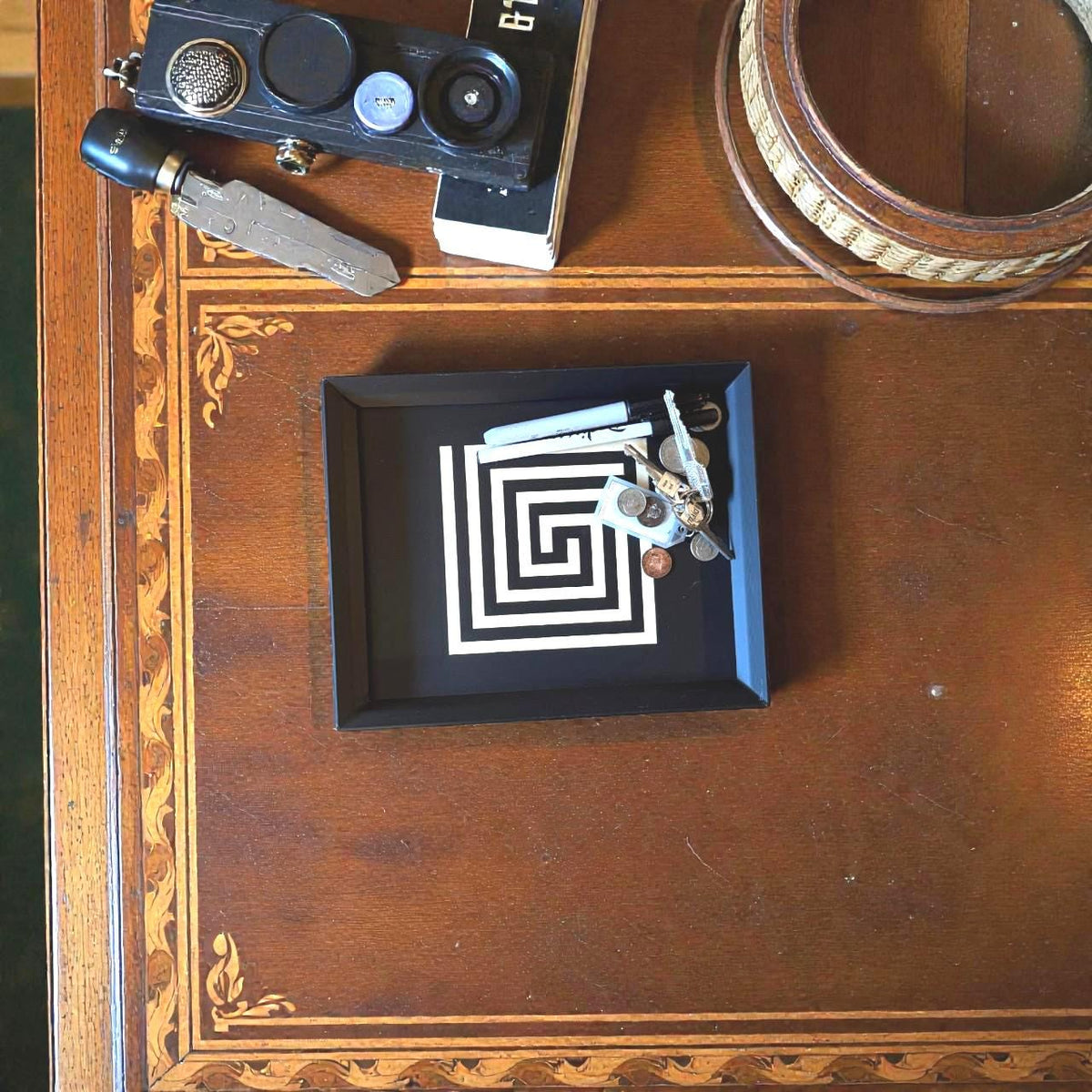 Mayan Labyrinth Square Tray  black tan serving platter from our Americas Collection , coffee table decor, modern catchall - ART DECO