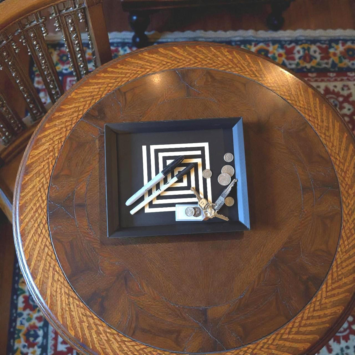 Mayan Labyrinth Square Tray  black tan serving platter from our Americas Collection , coffee table decor, modern catchall - ART DECO