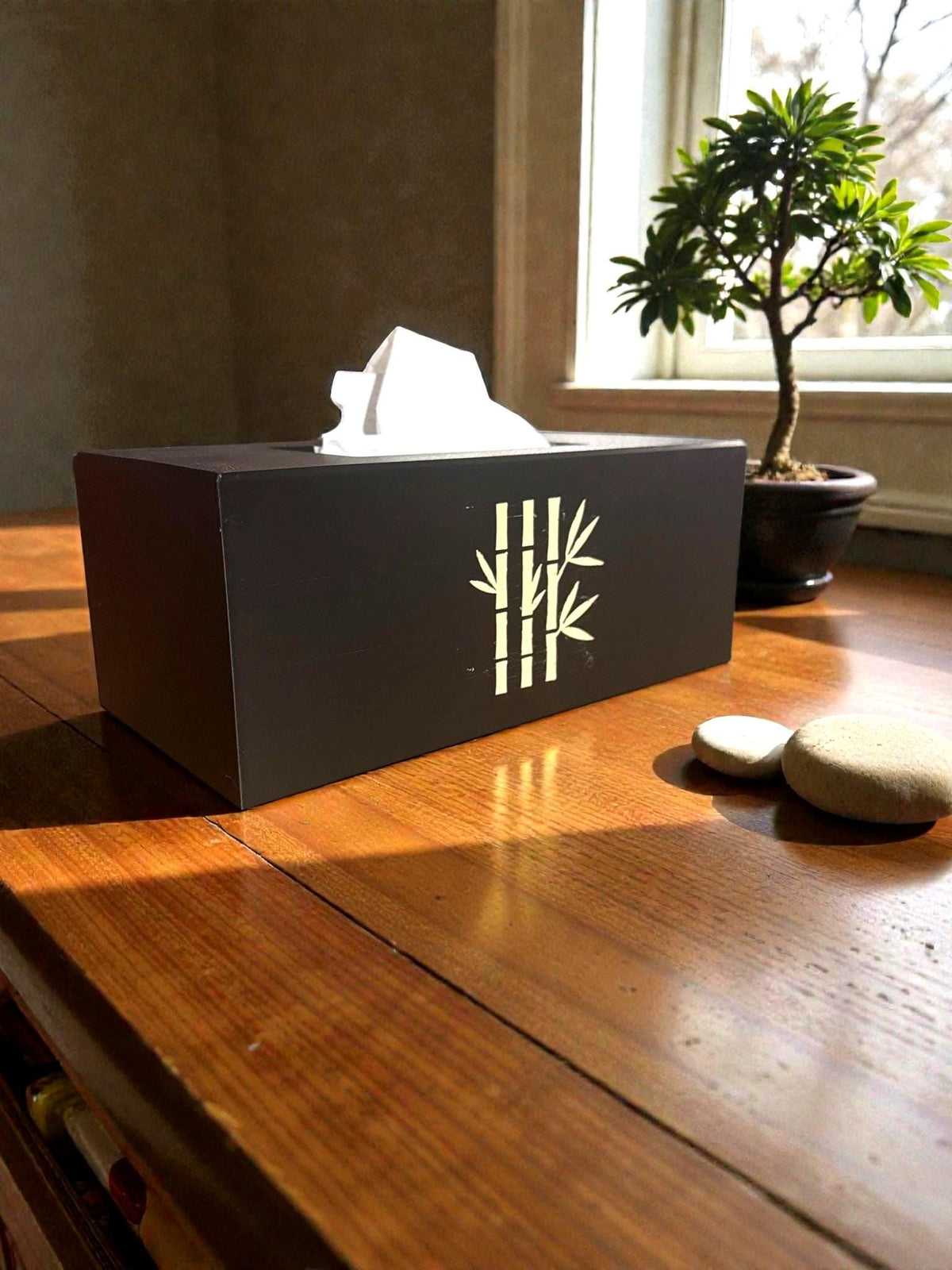 Bamboo Tissue Box Cover Black and Ivory, Modern Zen Tissue Holder, Rectangular Bathroom Decor, Japanese Style Gift