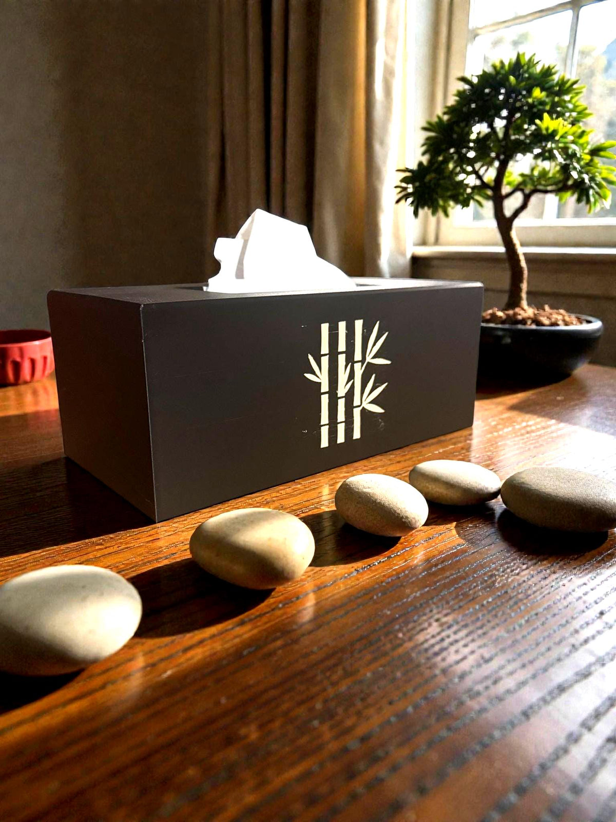 Bamboo Tissue Box Cover Black and Ivory, Modern Zen Tissue Holder, Rectangular Bathroom Decor, Japanese Style Gift